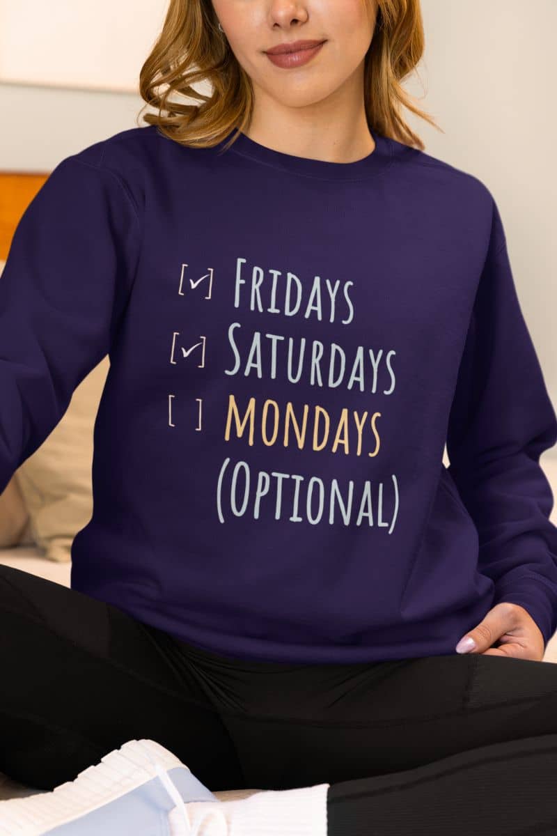 Weekend vibes sweatshirt with girl posing on bed
