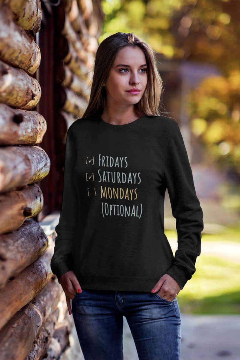 Weekend vibes sweatshirt with girl posing next to wooden blocks