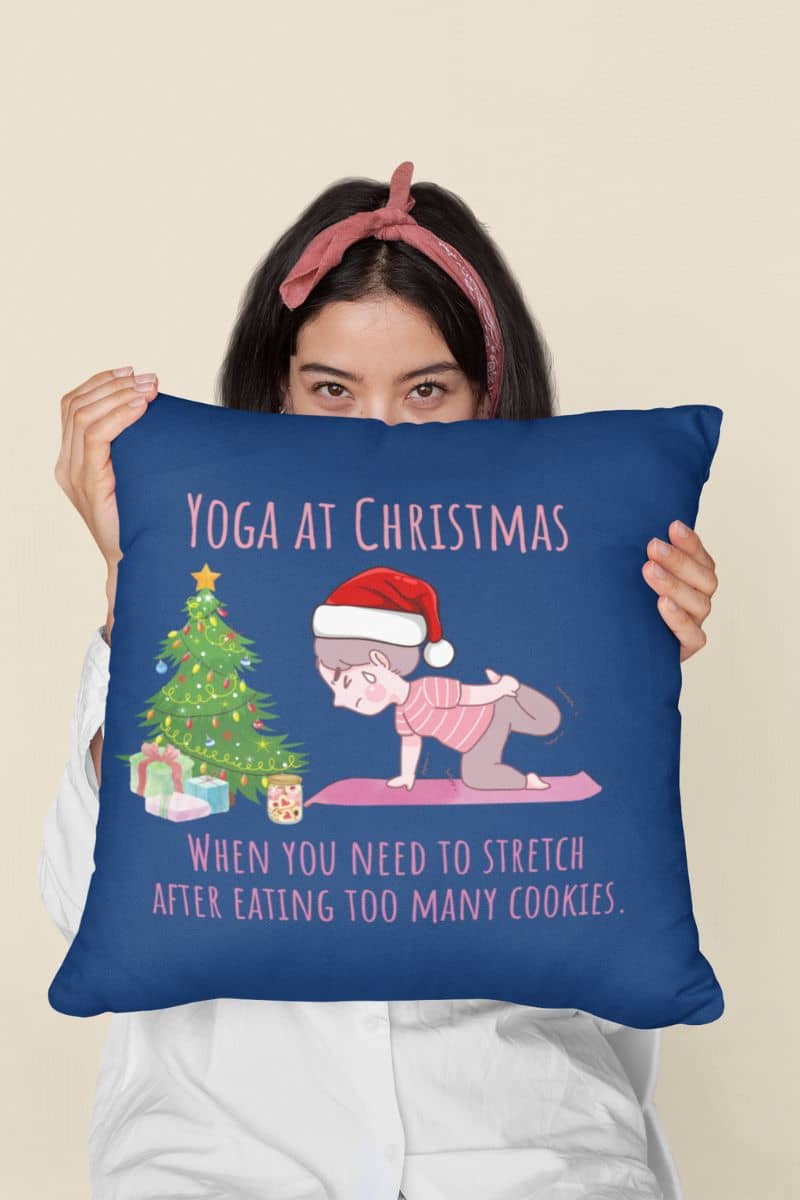 When You Need To Stretch After Eating Too Many Cookies Pillow with a girl using a square pillow to cover half of her face to show shyness