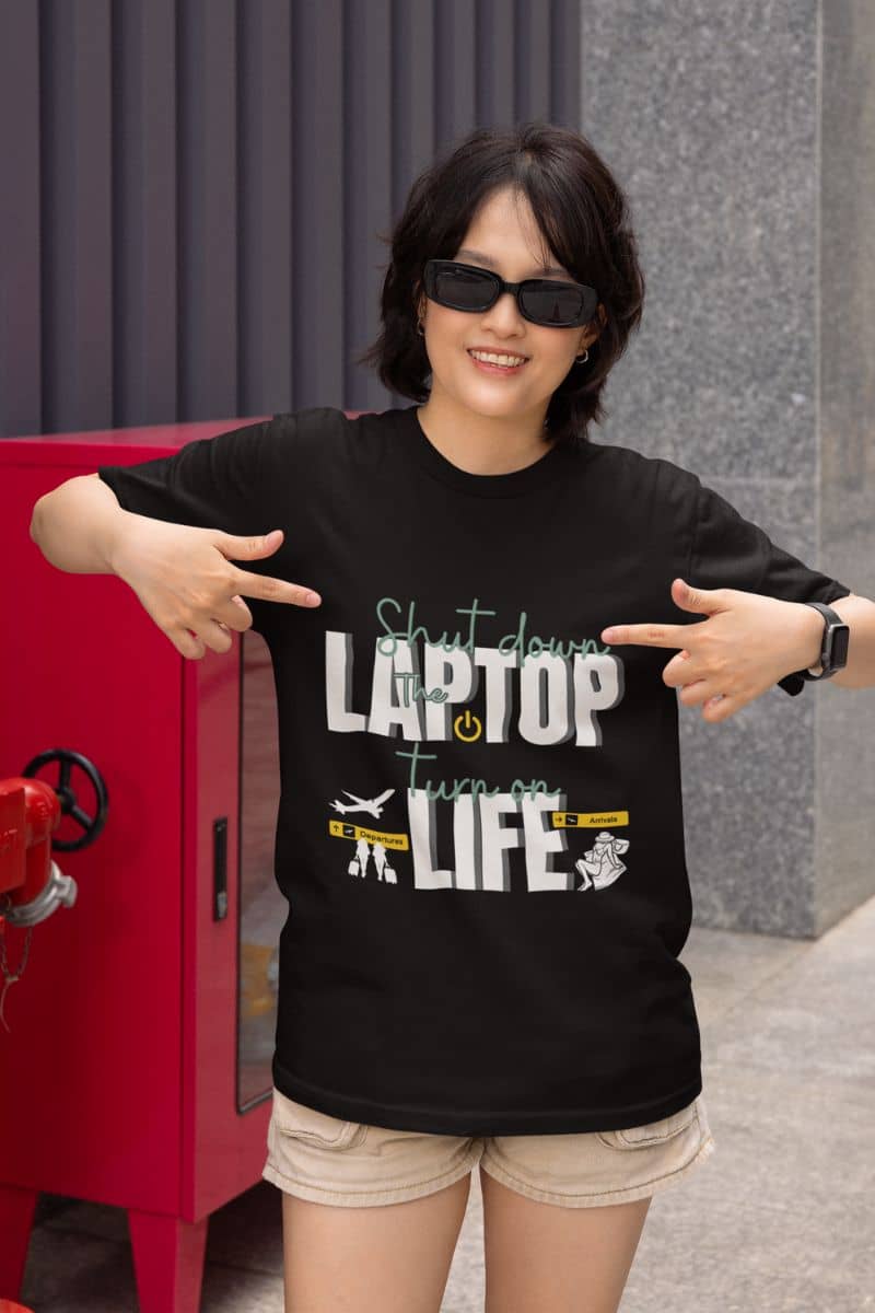 Work-Life balance tee with a short-haired girl posing in front of a fire hydrant