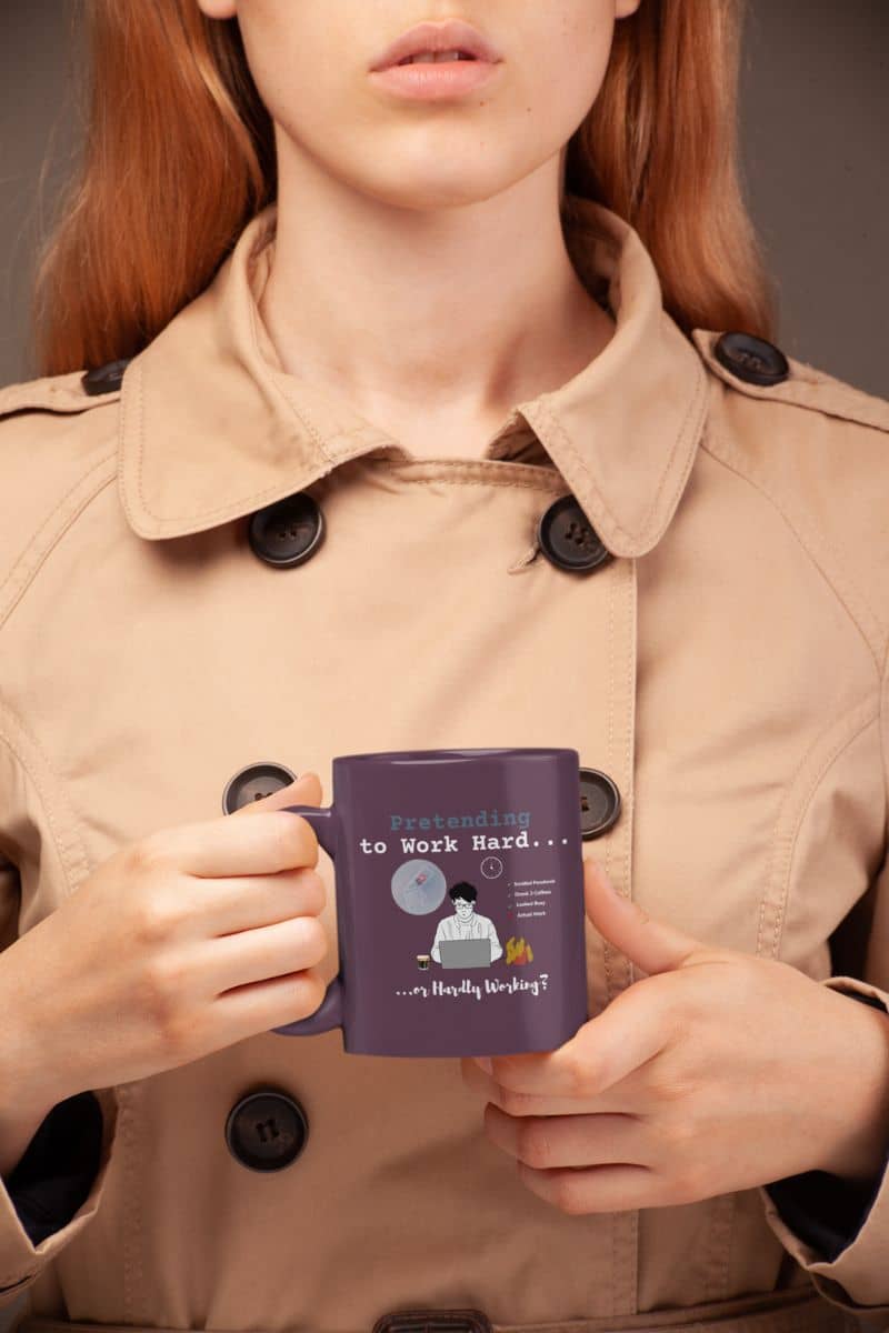 Work from home coffee cup with girl wearing stylish jacket with many buttons holding cup in hand
