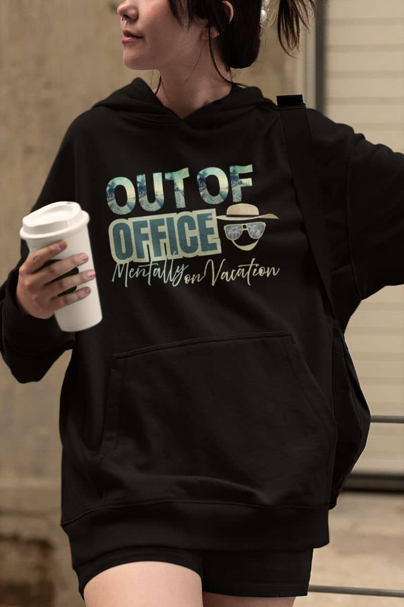 Work from home hoodie with young girl walking down the street with cup in hand