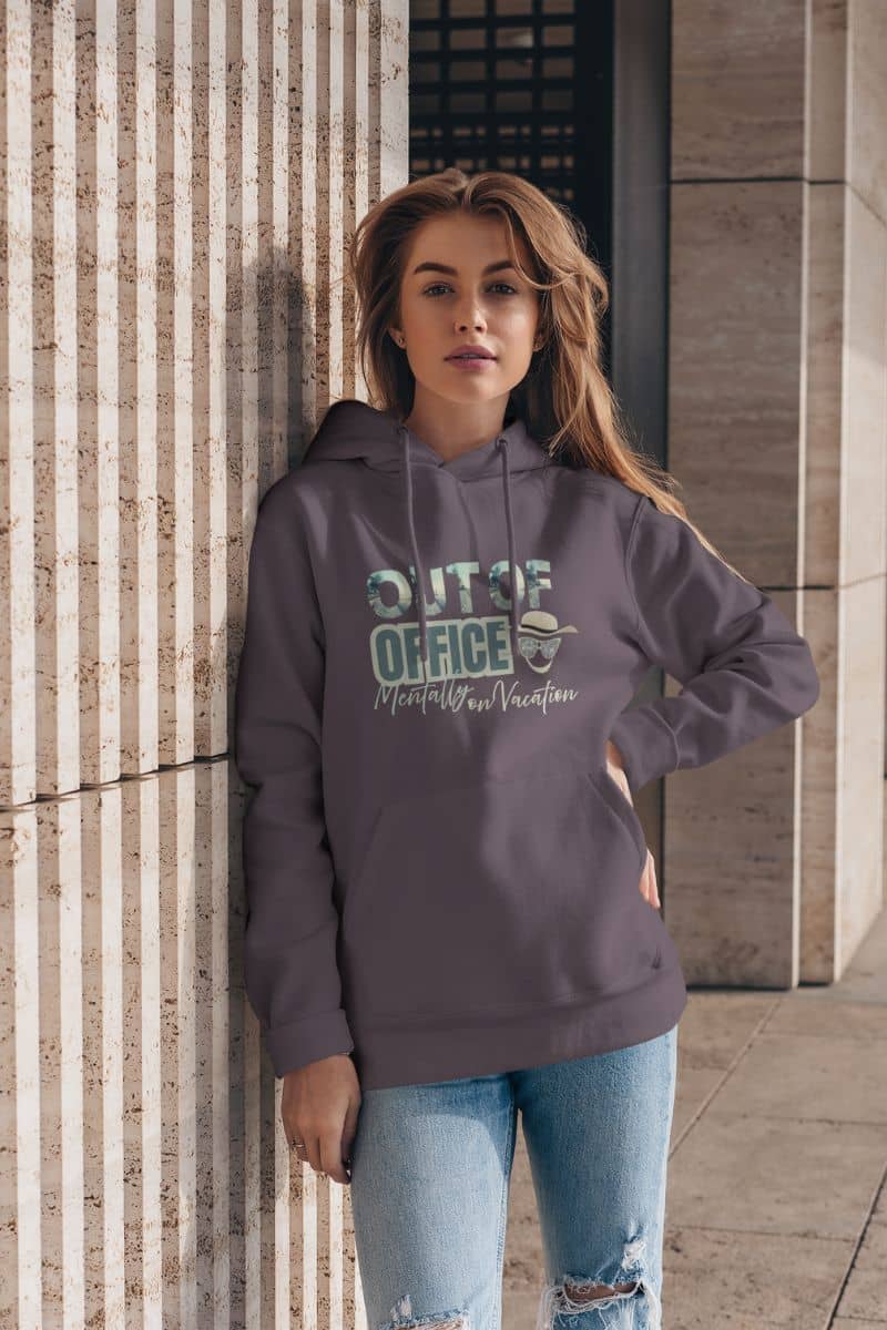 Work from home hoodie with the young girl leaning against the wall