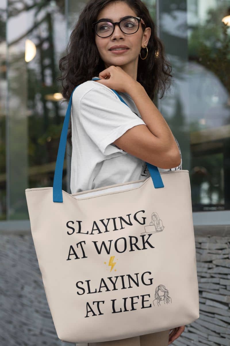 Work life balance tote bag with girl posing with large tote bag