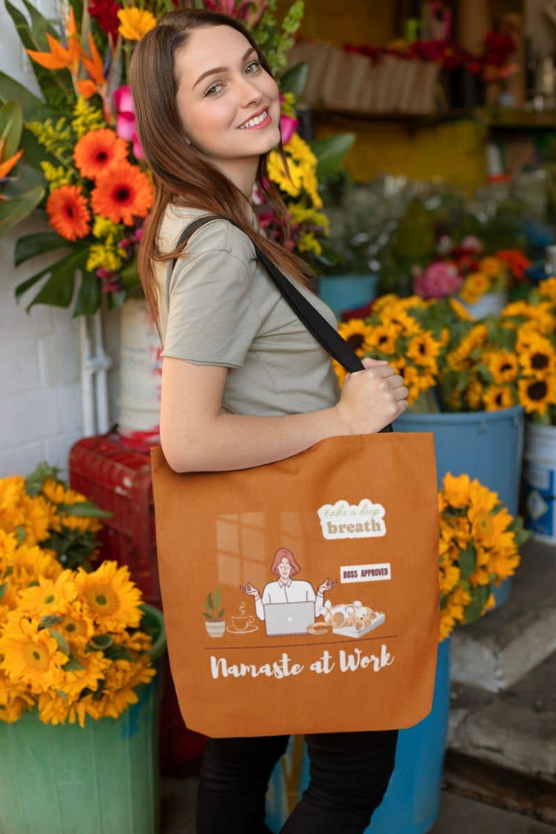 Yoga tote bag for work with girl carrying tote bag posing in front of flower shop