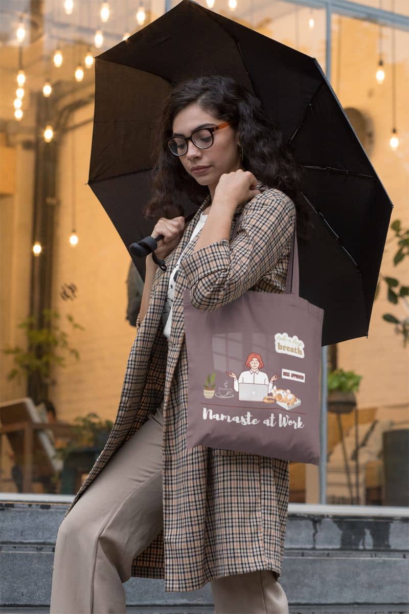 Yoga tote bag for work with girl carrying tote bag and umbrella after afternoon rain