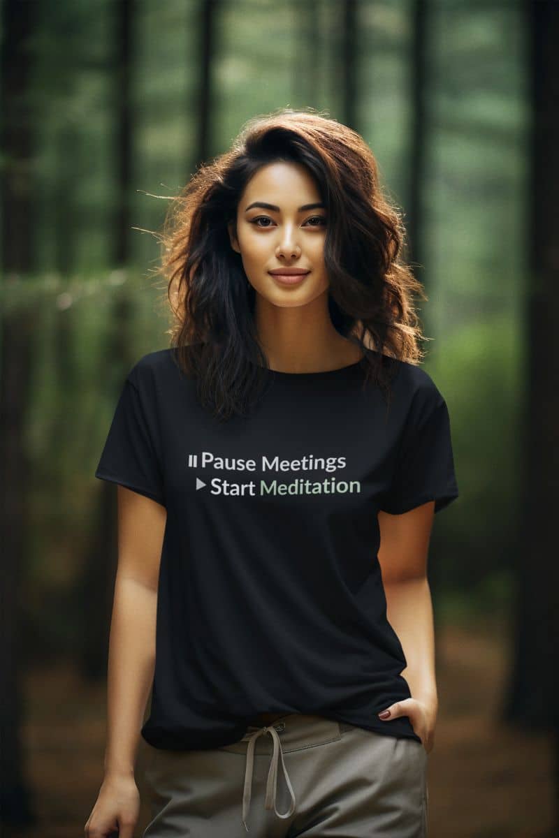 Zen lifestyle shirt with a person wearing a black t-shirt with text in a forest setting