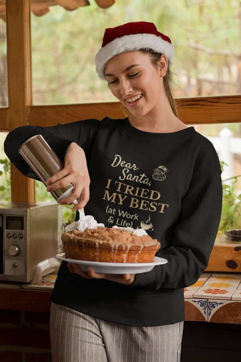 christmas sarcasm outfit with a person wearing a black sweater with a humorous message, holding a pie and a cocktail shaker.