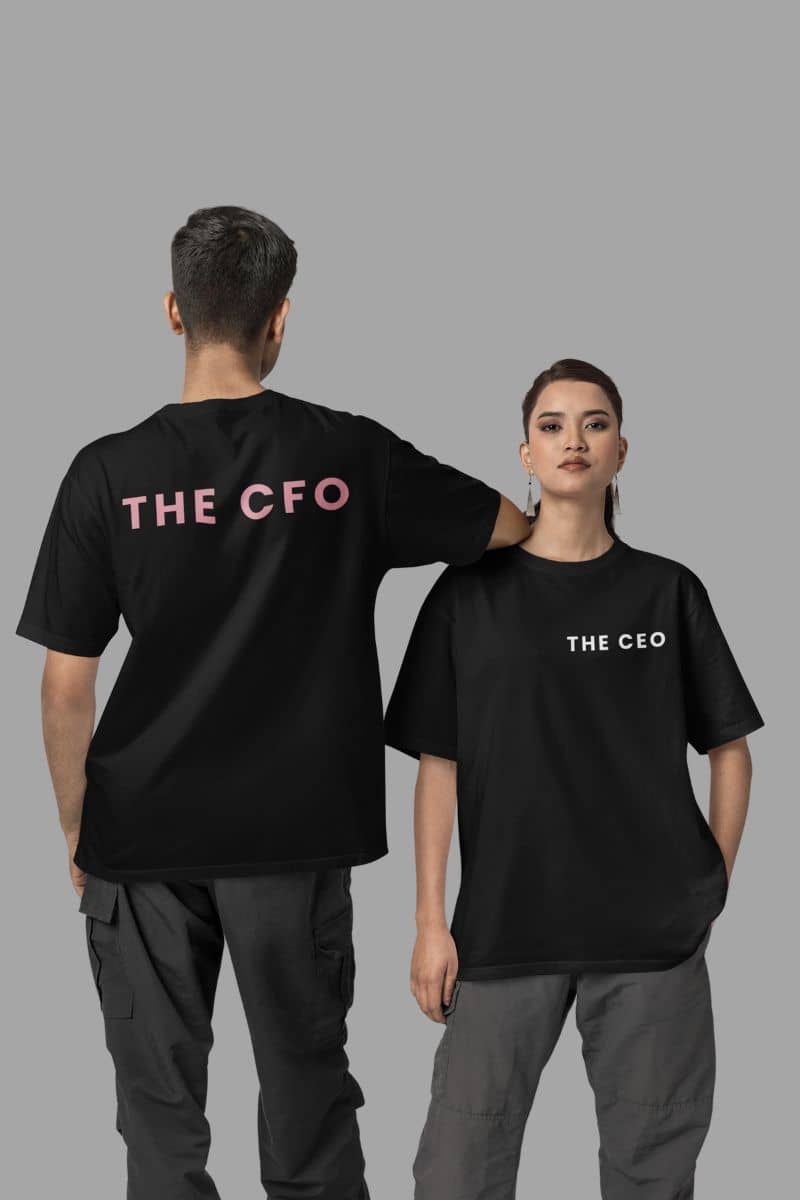 custom couple shirts with two people wearing black t-shirts with 'THE CFO' and 'THE CEO' text on a gray background