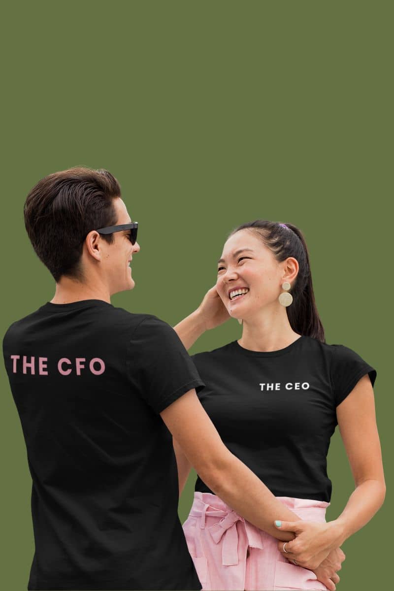 cute couple t-shirts with two people wearing black t-shirts labeled 'THE CFO' and 'THE CEO' on a green background.