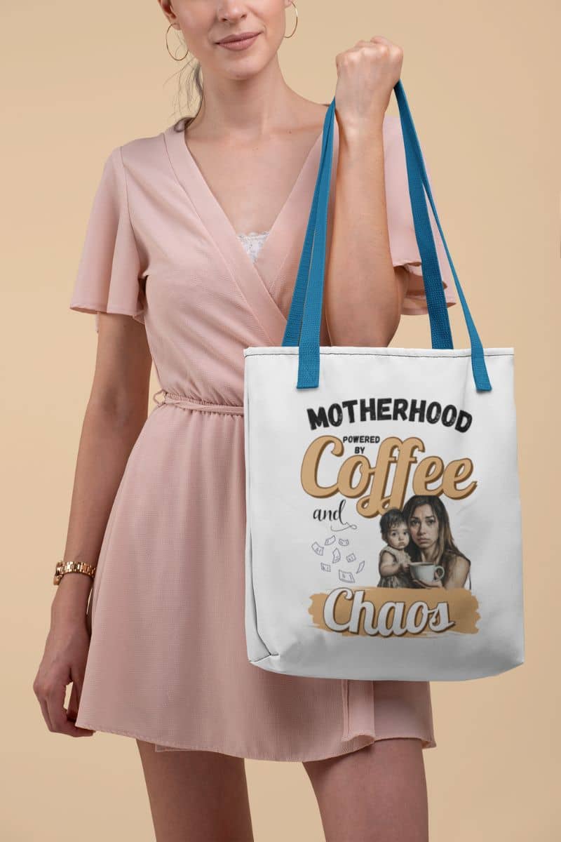 eco friendly mom tote with a woman holding a tote bag with text and a photo of a mother and child on a beige background