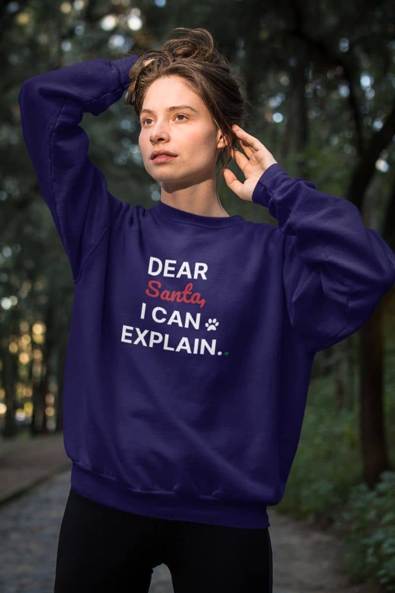 holiday humor sweater with a person wearing a purple sweatshirt with text 'Dear Santa, I Can Explain' in a forest setting
