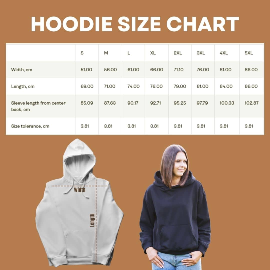 Hoodie size chart with measurements and a person wearing a hoodie on a brown background