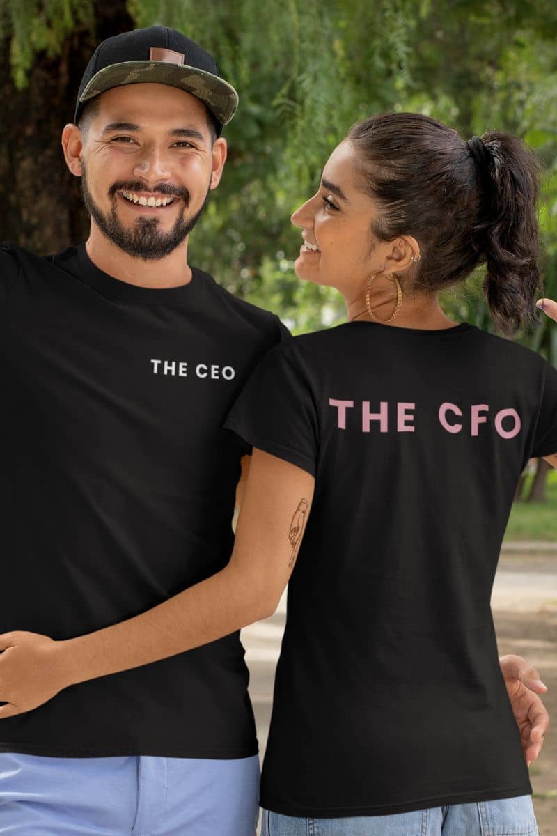 matching couple t-shirts with two people wearing black t-shirts with 'THE CEO' and 'THE CFO' text.