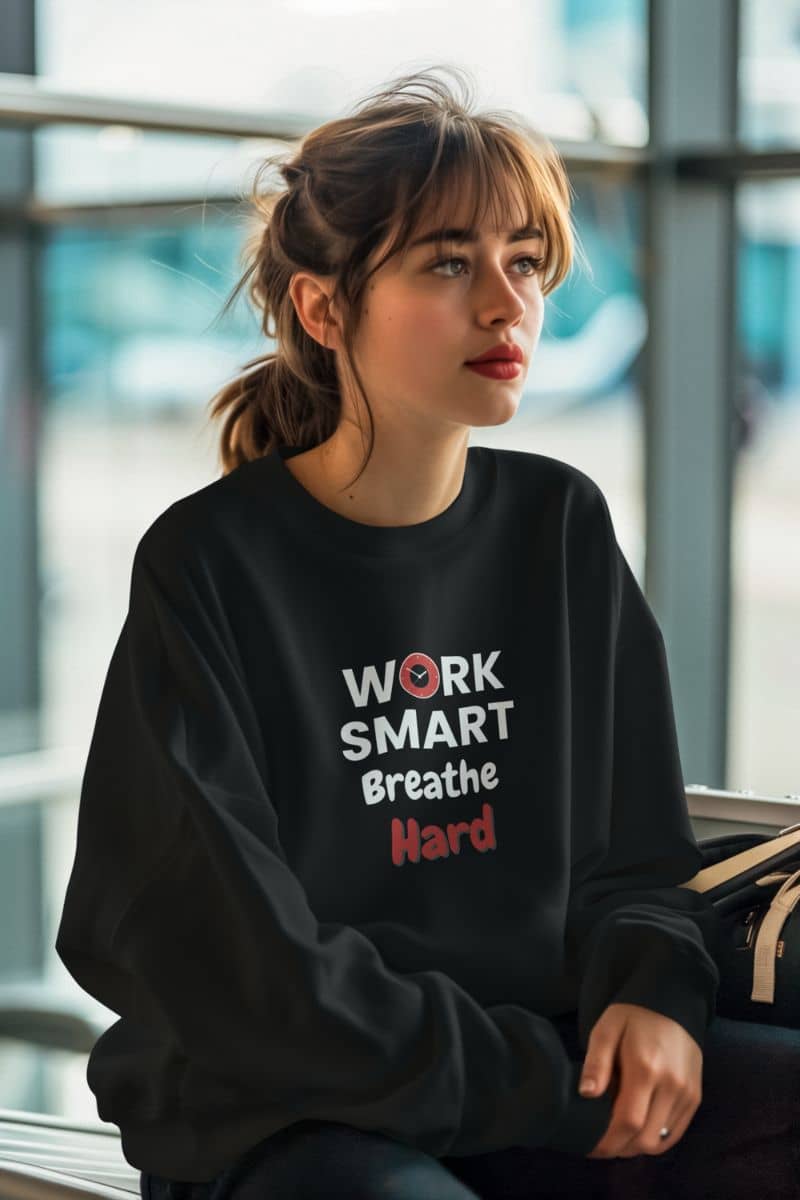 stress relief pullover for office staff with a woman wearing a black sweatshirt with motivational text, sitting indoors.