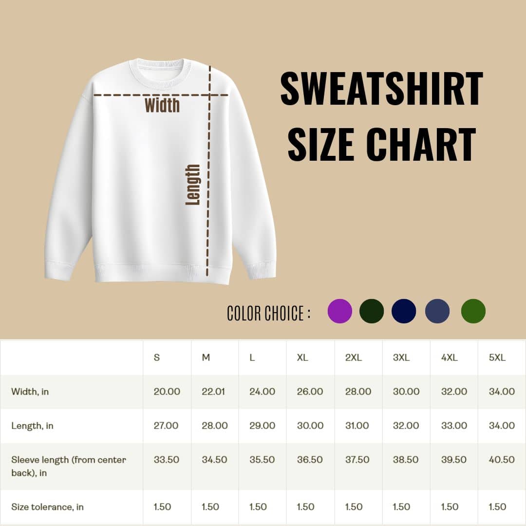 Sweatshirt size chart with a white sweatshirt and color options on a beige background