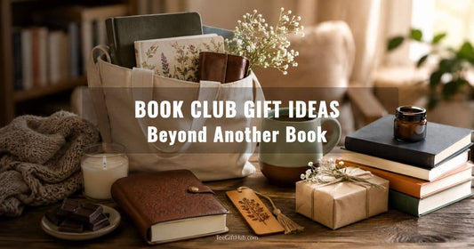 Book club gift ideas featuring a stack of books, a canvas tote bag, a notebook, a candle, and a wrapped gift on a wooden table, perfect for a cozy book club meeting.