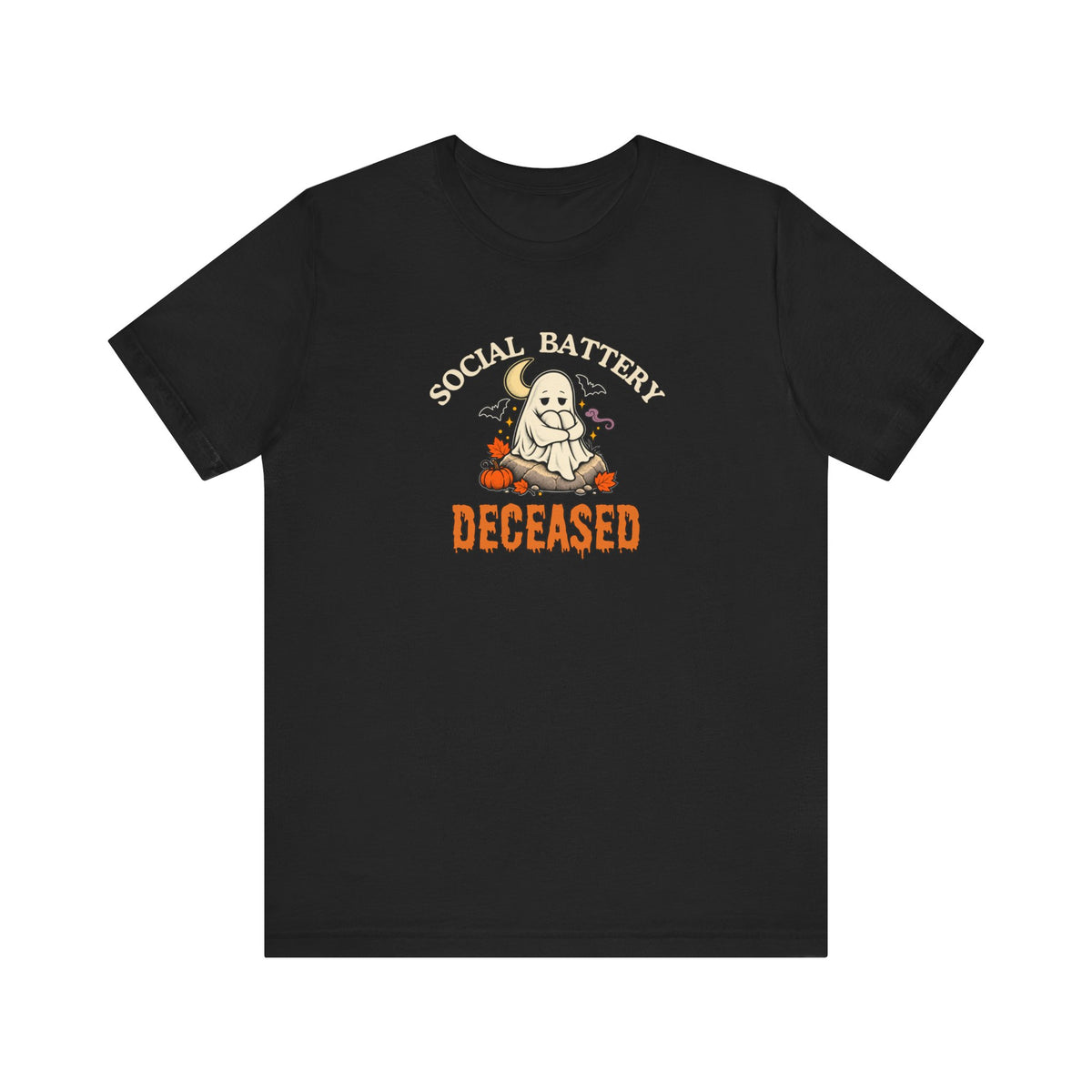 A black t-shirt featuring a 'Social Battery: Deceased' graphic with a ghost and pumpkins