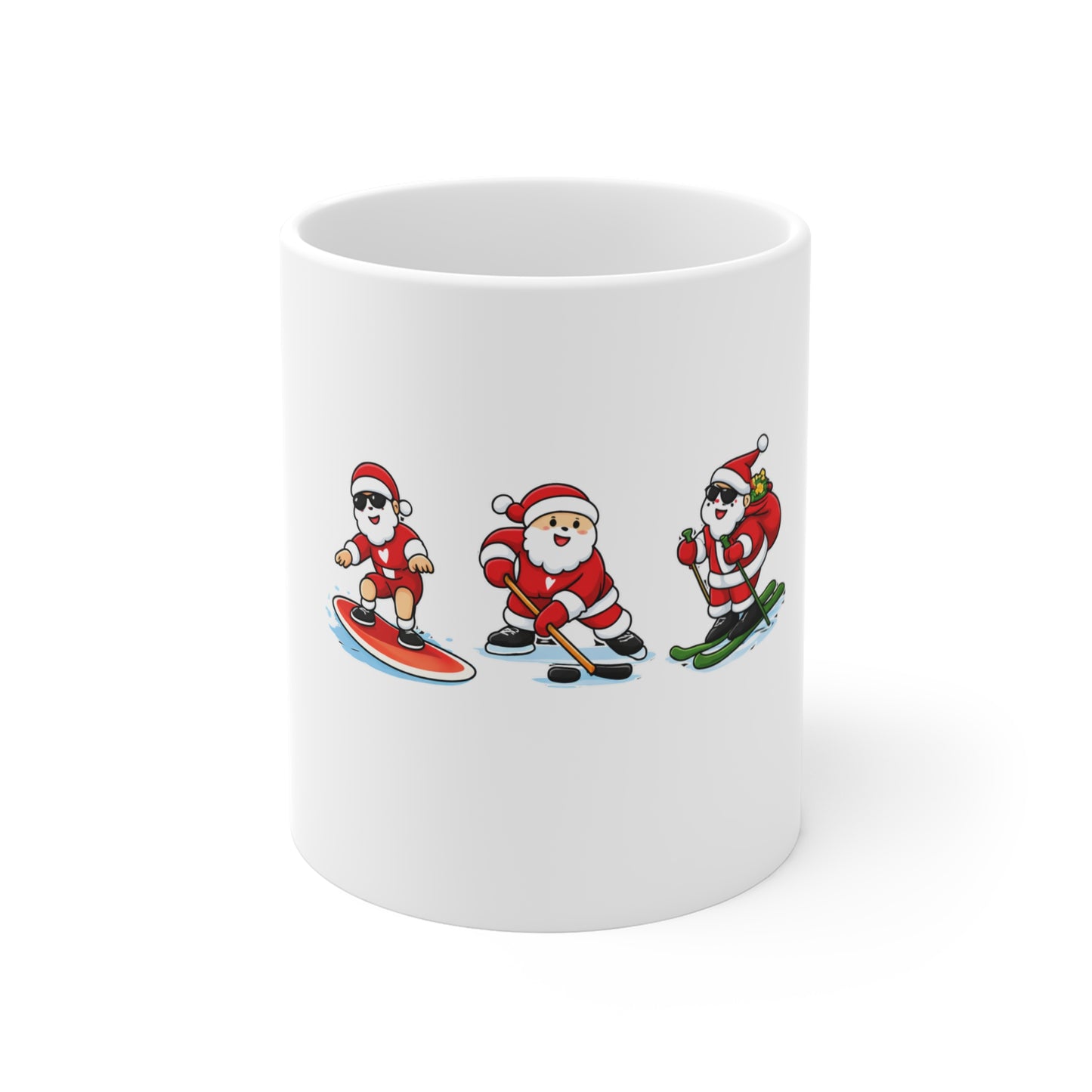 White mug with three illustrated Santas in different activities on a white background