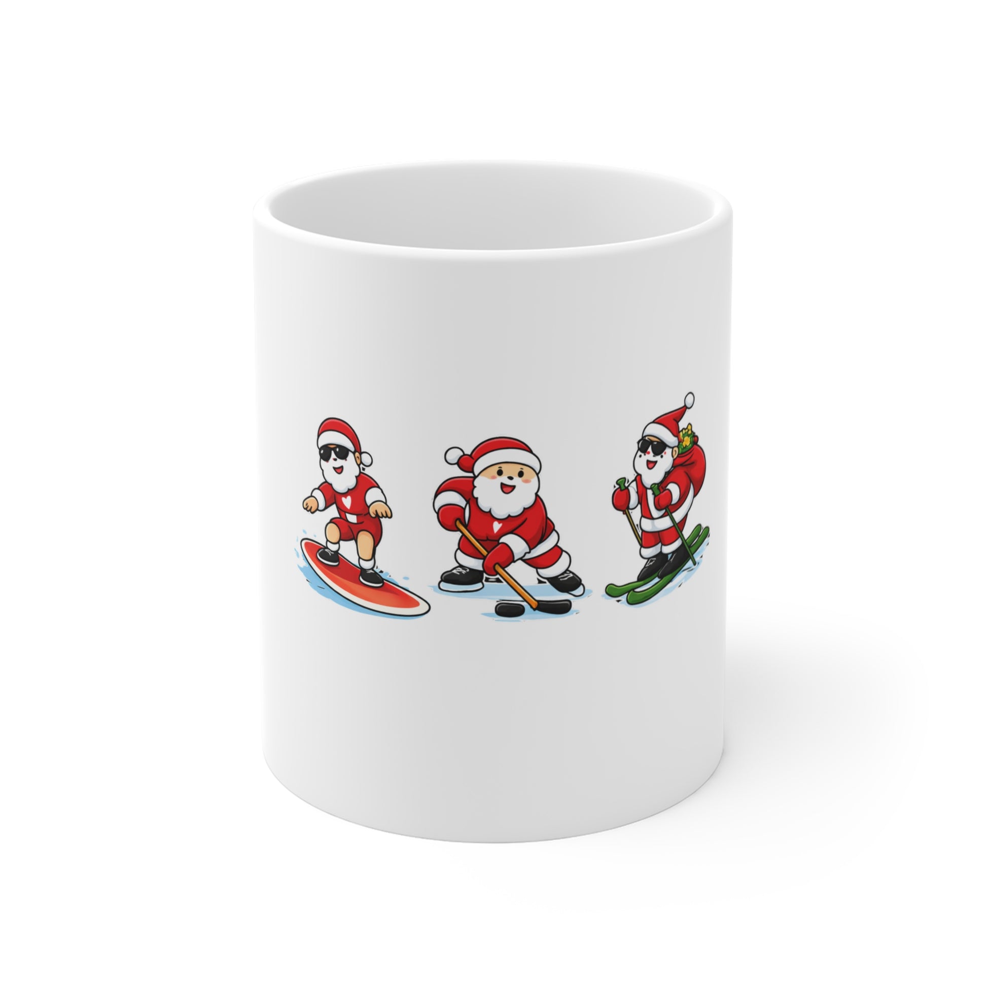 White mug with three illustrated Santas in different activities on a white background