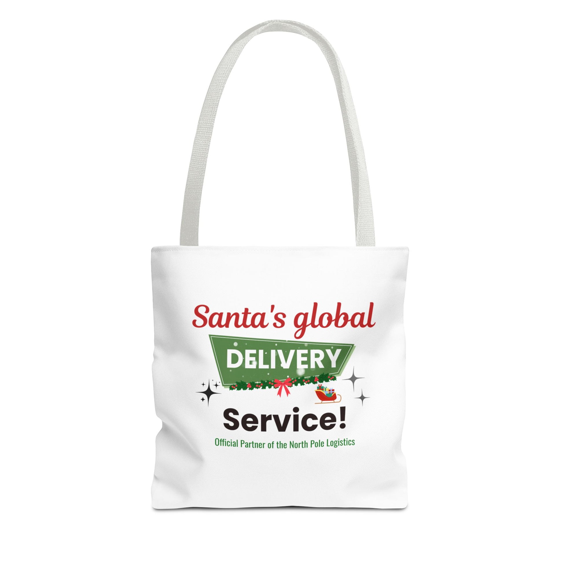 Tote bag with white handle and 'Santa's global delivery service' text on a white background