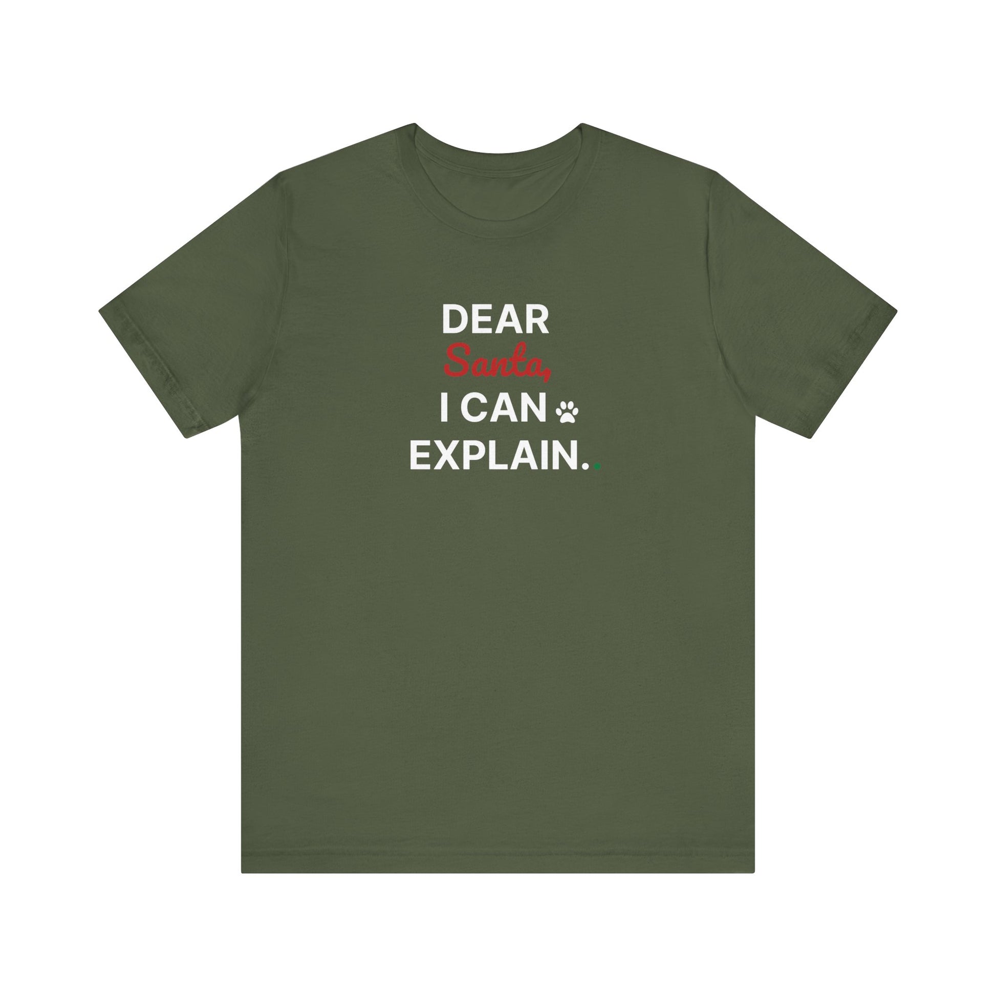 Green t-shirt with text 'DEAR Santa, I CAN EXPLAIN.' on a white background