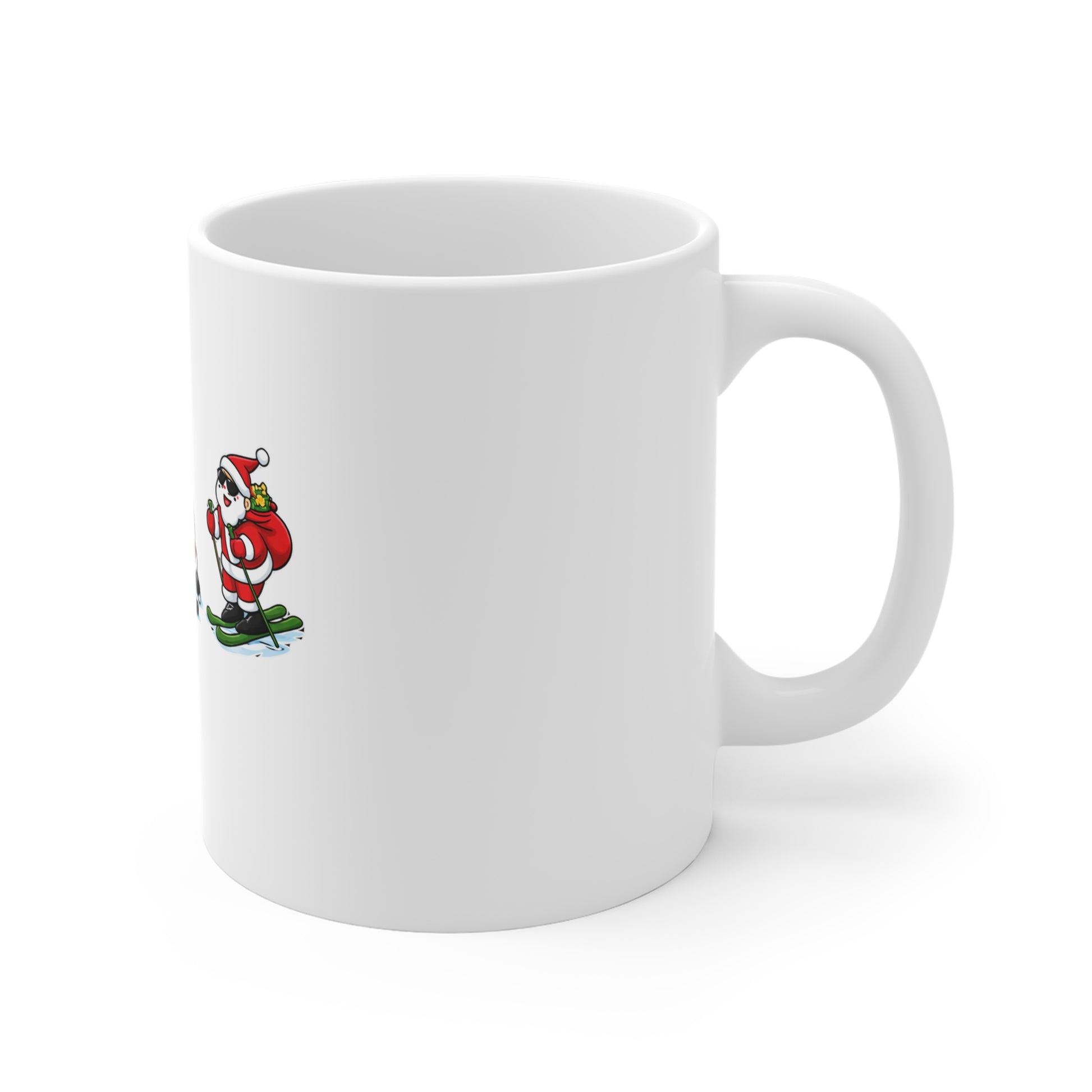 Right side of white mug with a cartoon Santa Claus design on a white background