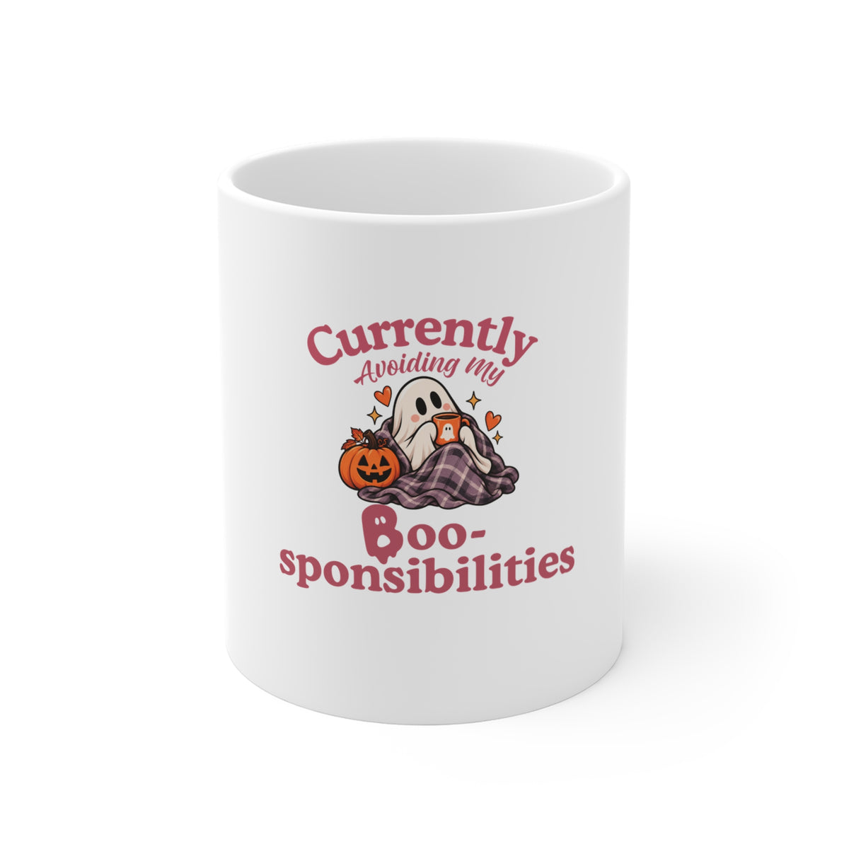 A white ceramic mug with a Halloween-themed graphic that reads 'Currently Avoiding My Boo-sponsibilities' in pink text, featuring a ghost and a pumpkin
