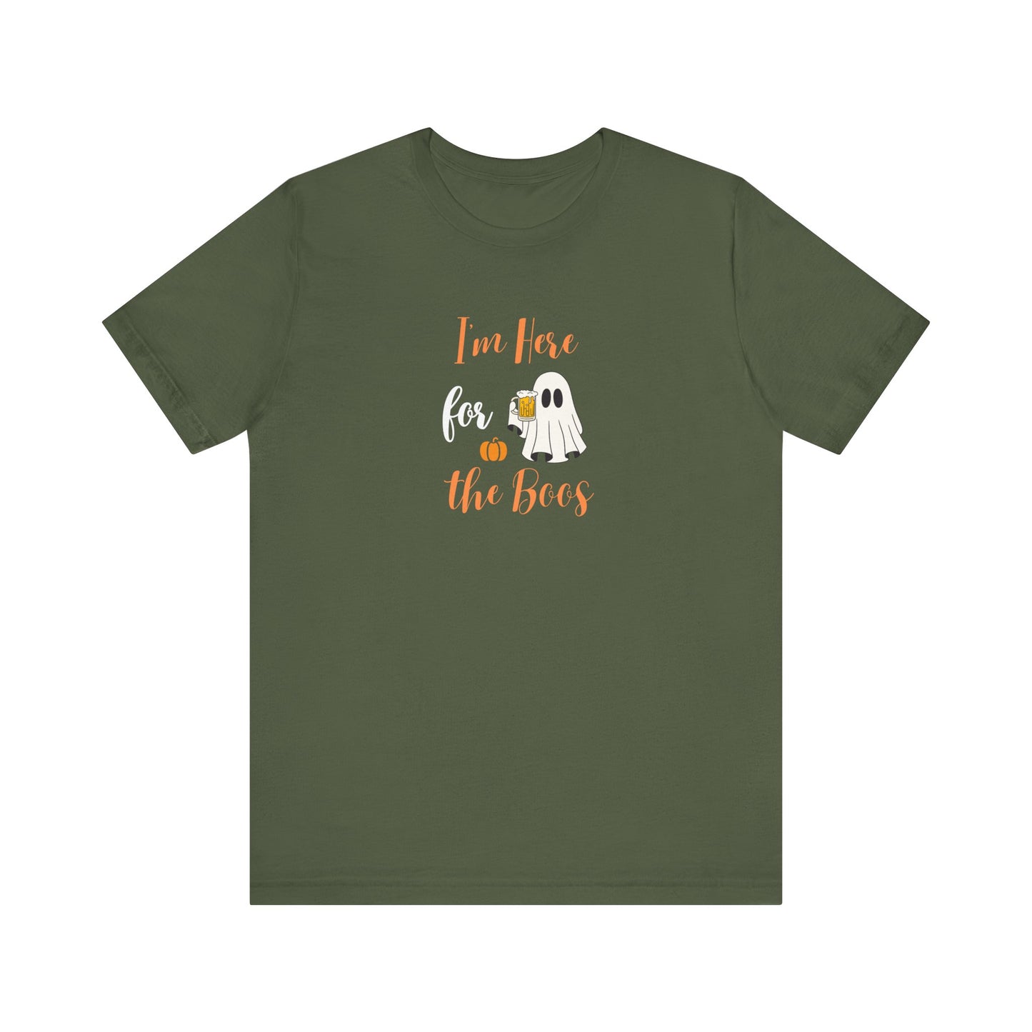 Green t-shirt with Halloween-themed design on a white background
