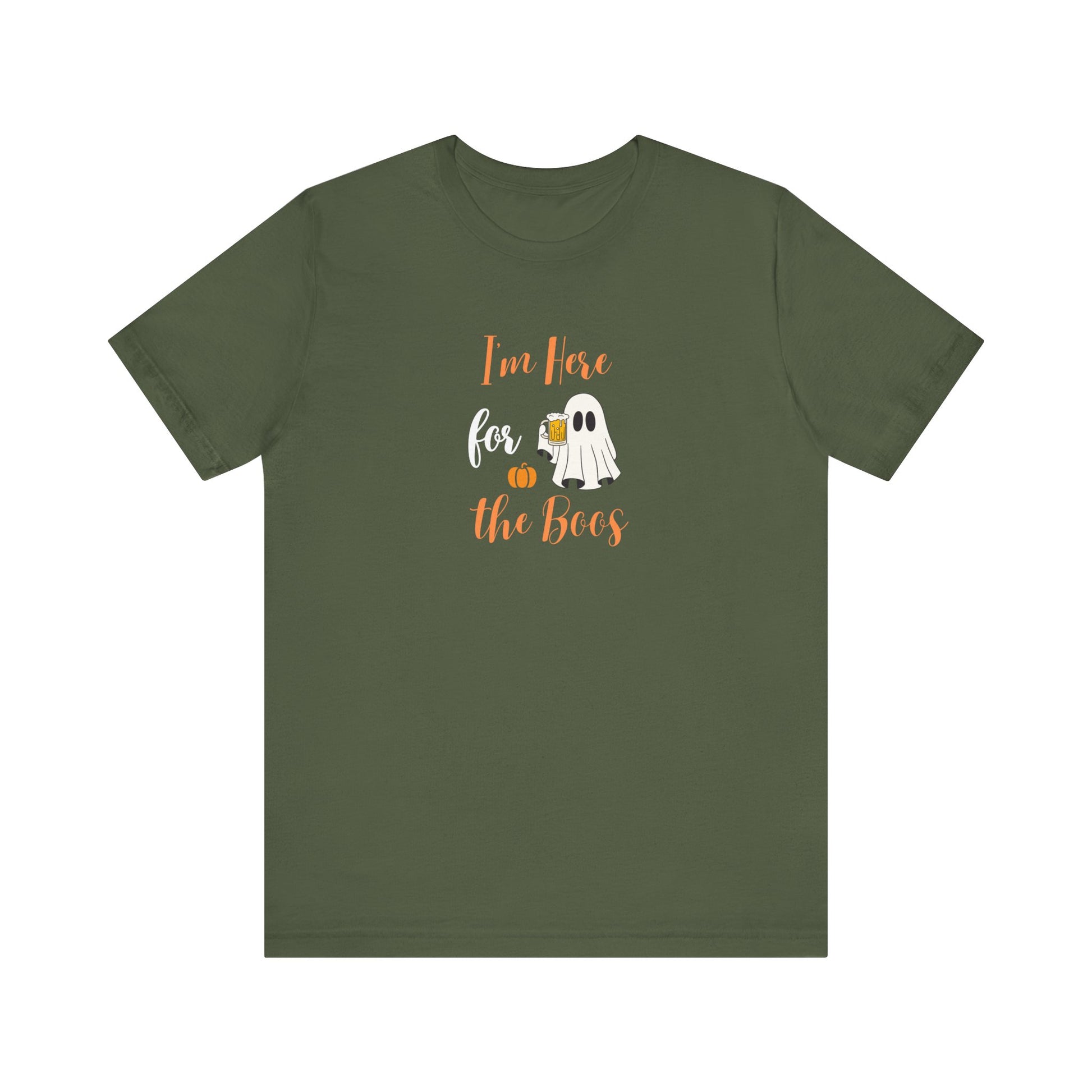 Green t-shirt with Halloween-themed design on a white background