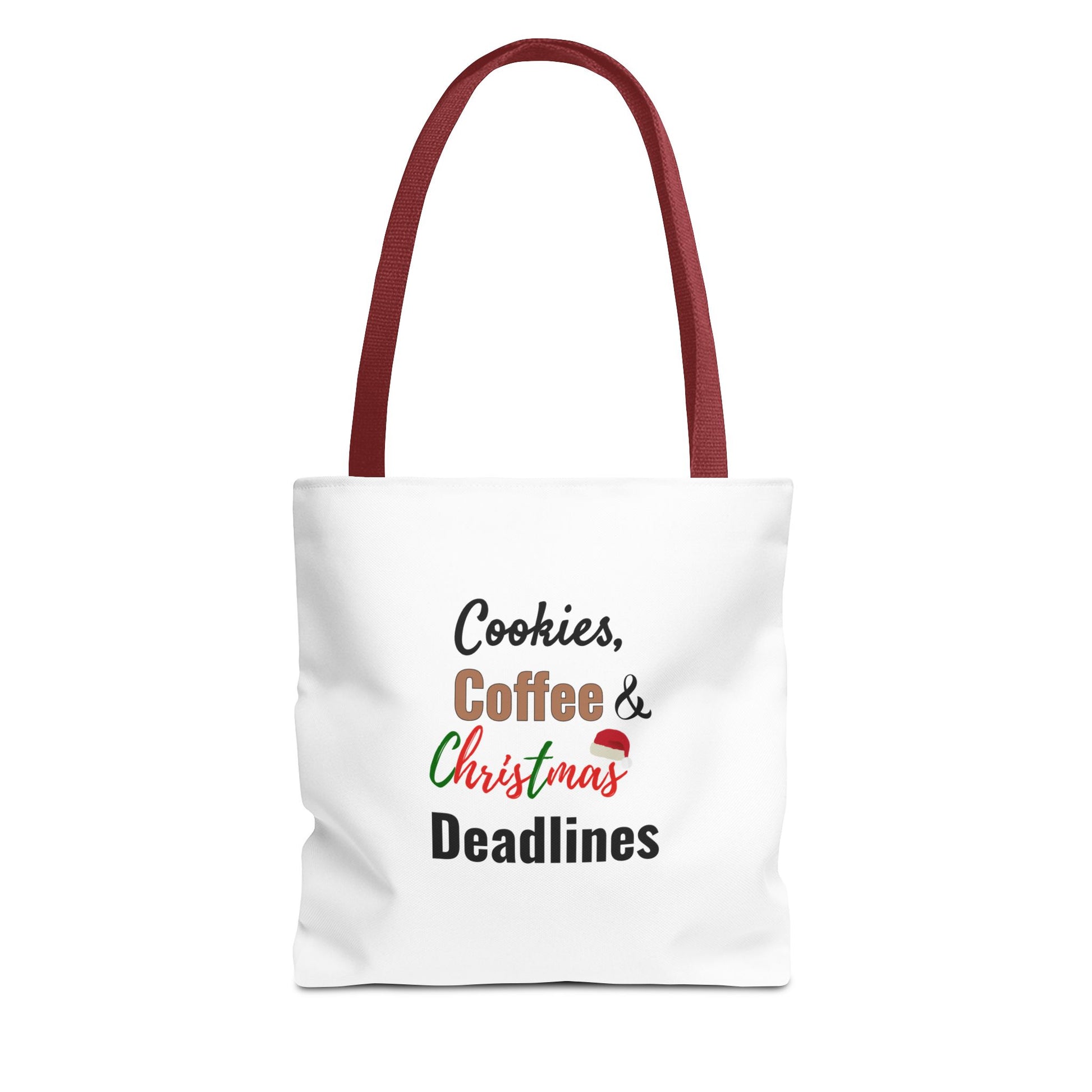 White tote bag with red handle and text 'Cookies, Coffee & Christmas Deadlines' on a white background