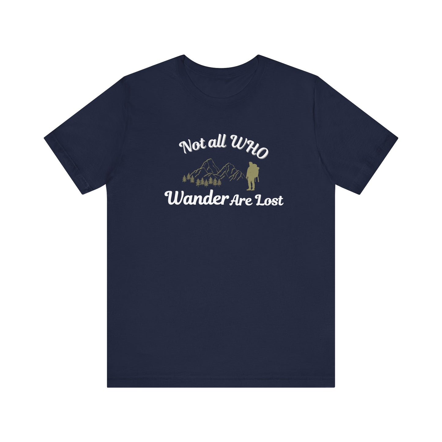 Navy t-shirt with 'Not all Who Wander Are Lost' text and graphic on a white background