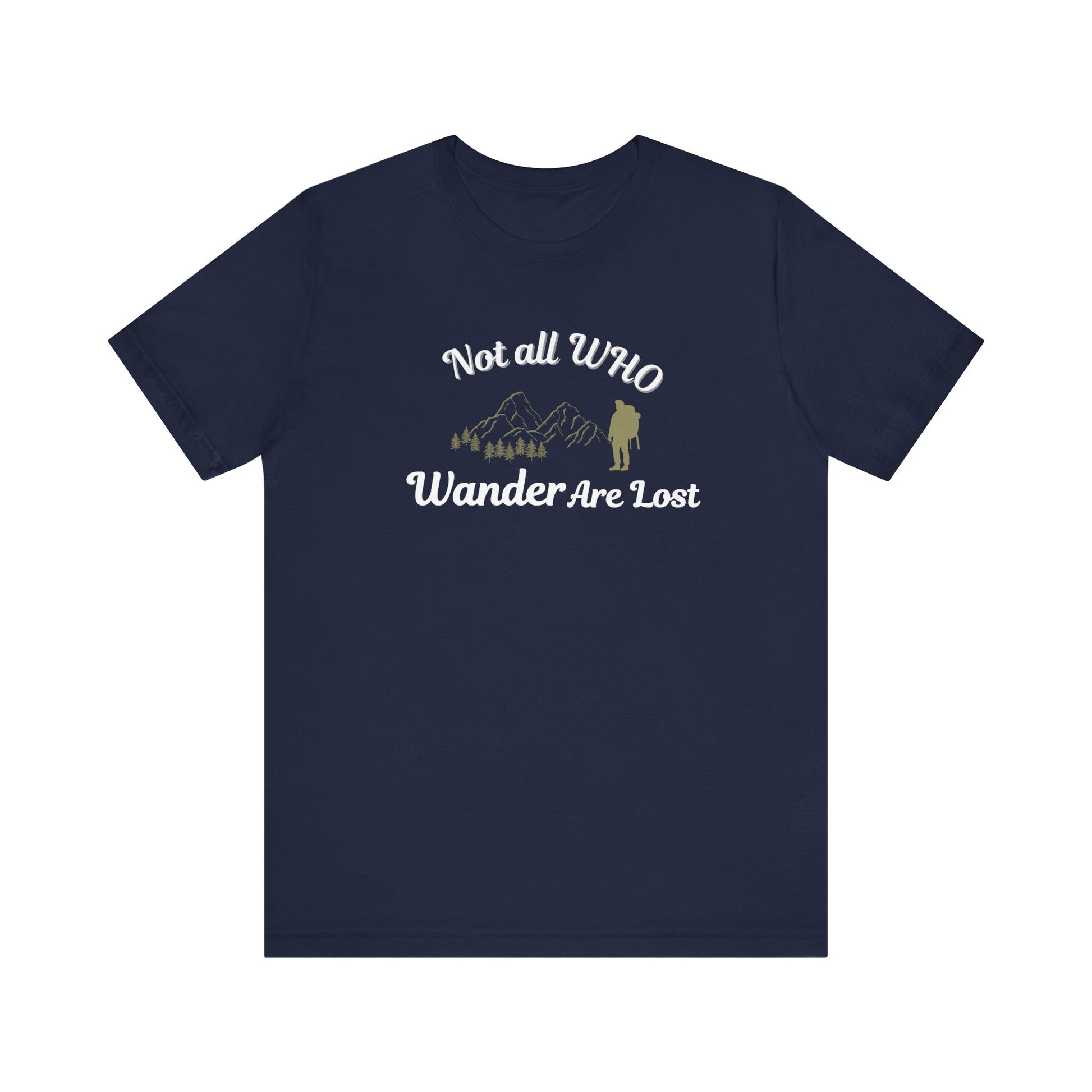 Navy t-shirt with 'Not all Who Wander Are Lost' text and graphic on a white background