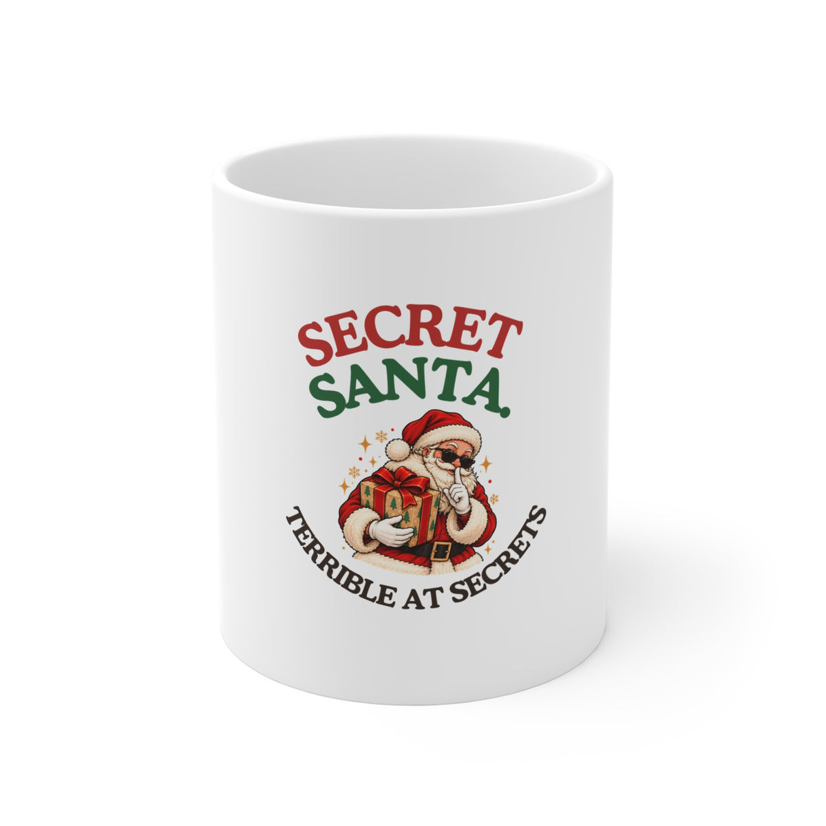 A white mug featuring a Secret Santa Terrible at Secrets design on a white background