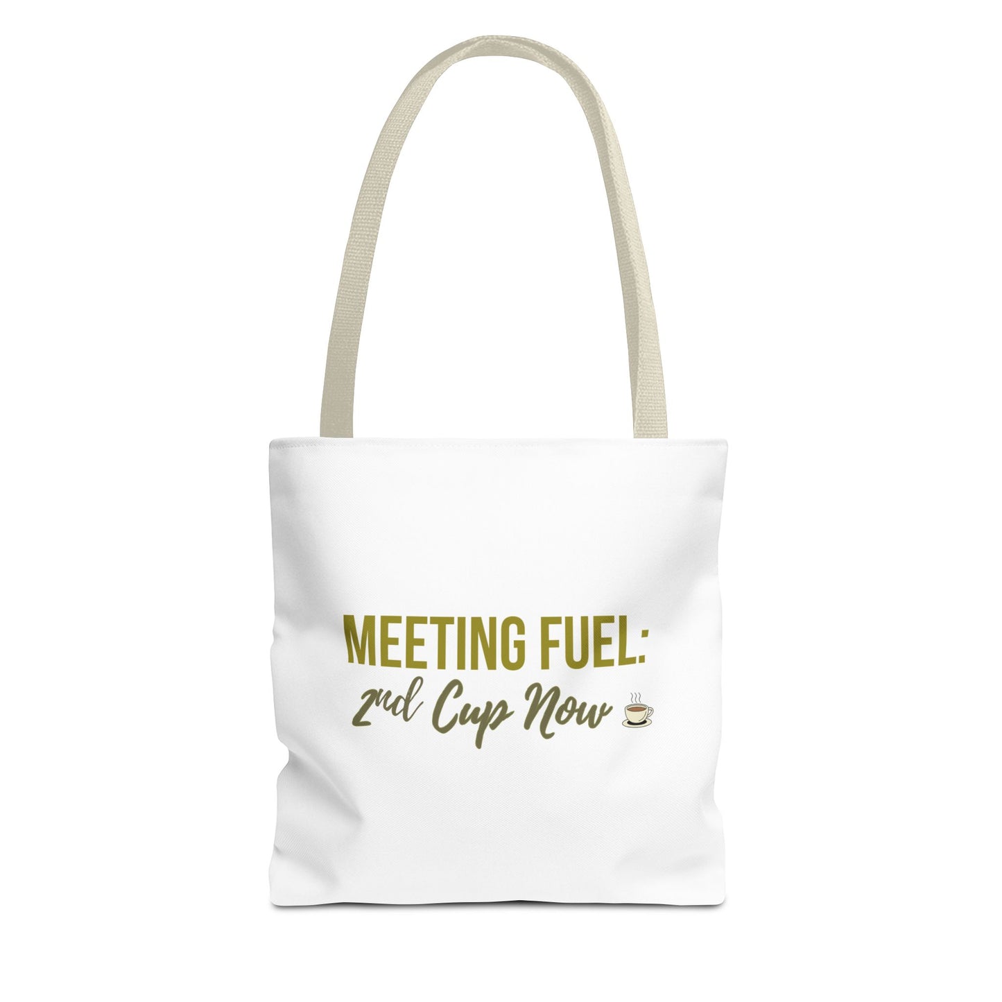 White tote bag with beige handle and text 'MEETING FUEL: 2nd Cup Now' on a white background