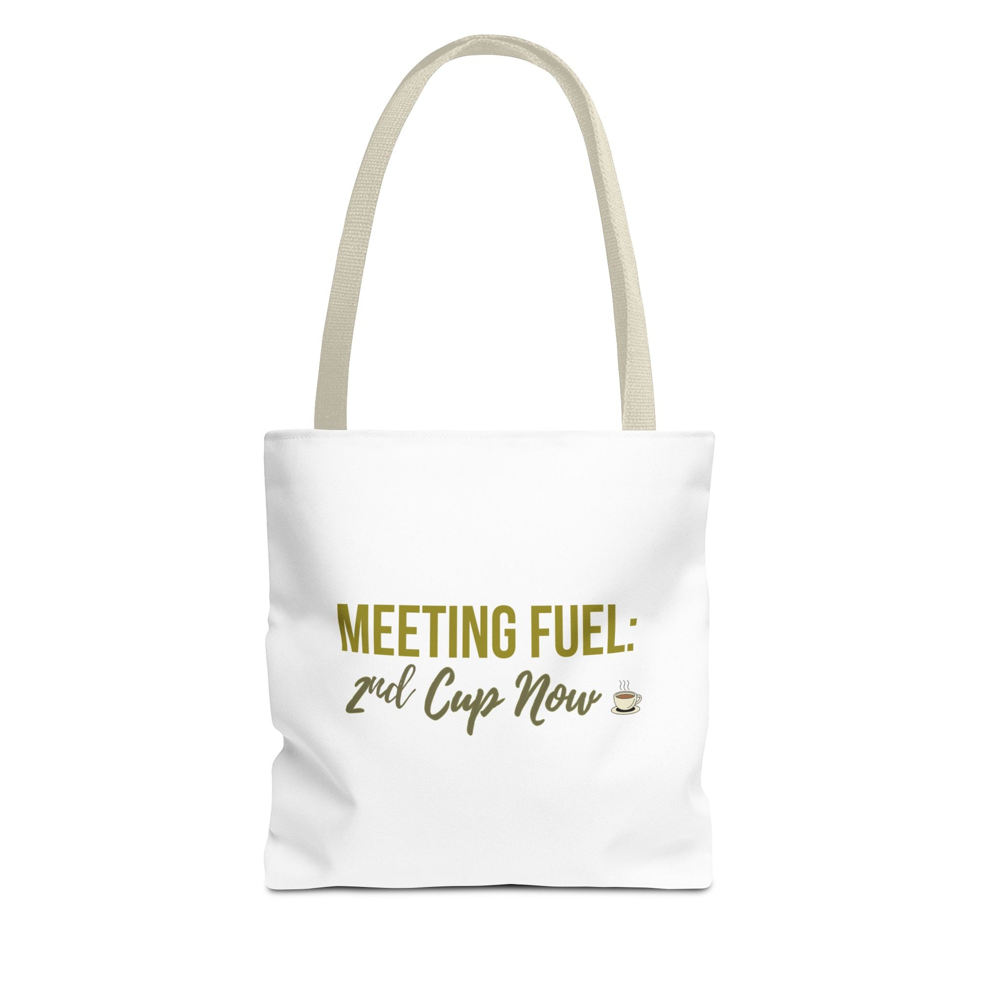 White tote bag with beige handle and text 'MEETING FUEL: 2nd Cup Now' on a white background