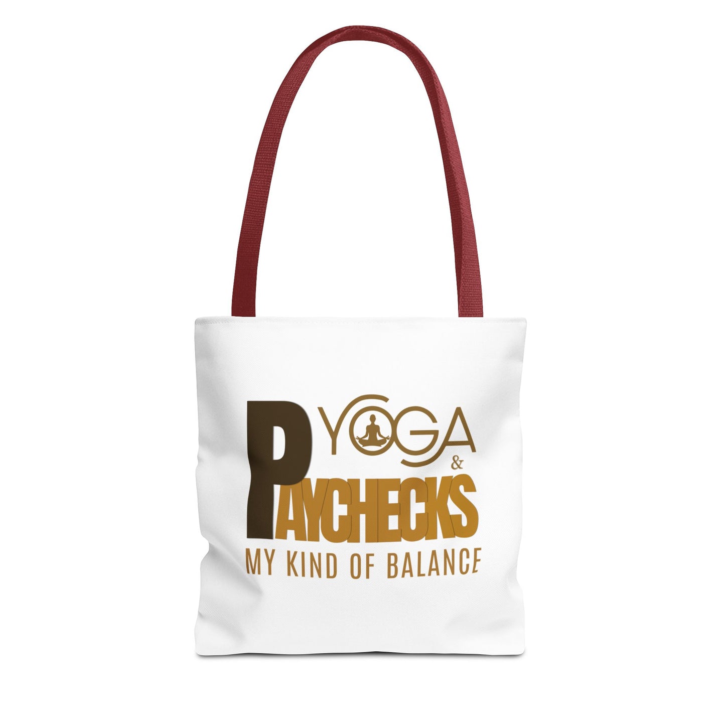 White tote bag with red handle and brown text 'Yoga & Paychecks – My Kind of Balance' on a white background