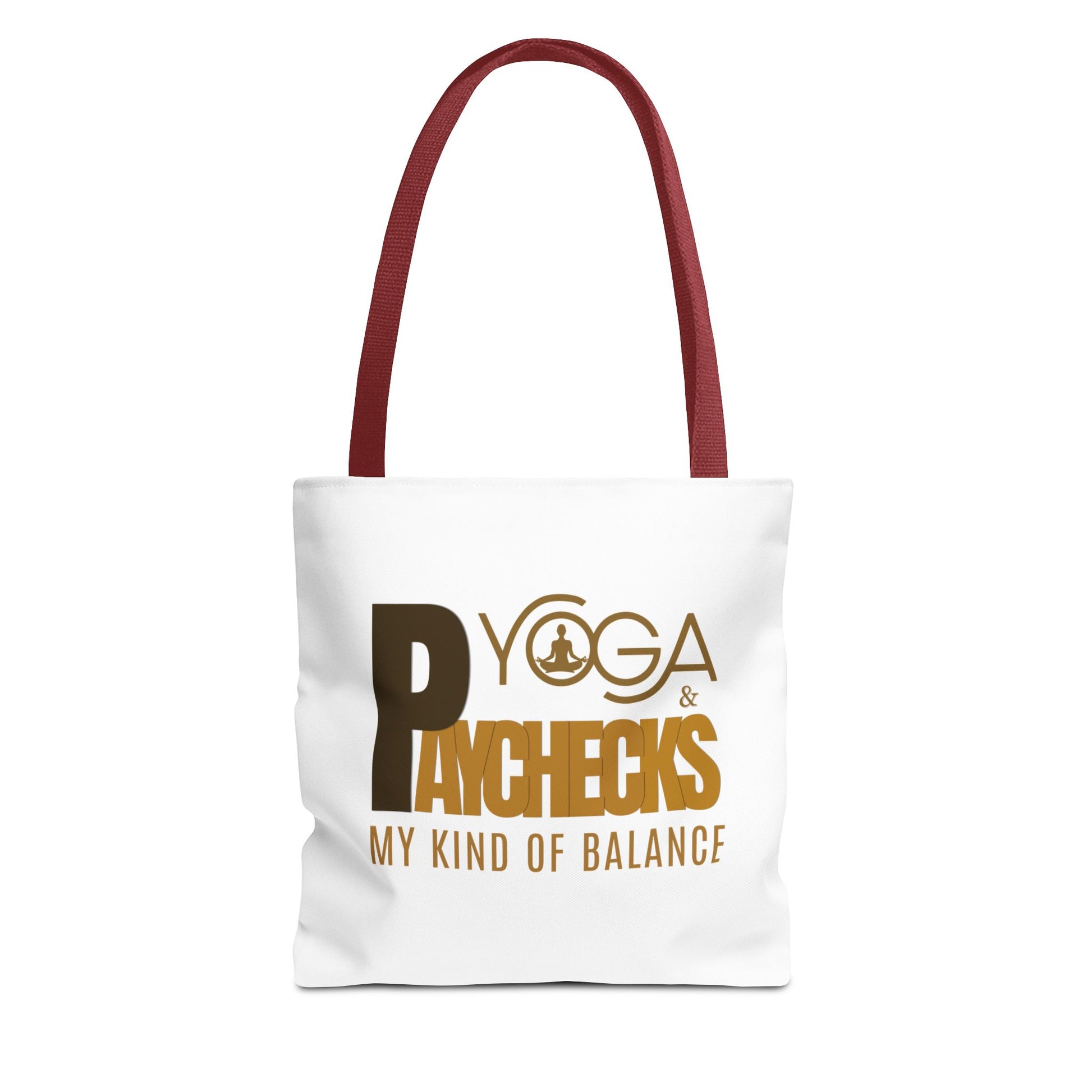 White tote bag with red handle and brown text 'Yoga & Paychecks – My Kind of Balance' on a white background