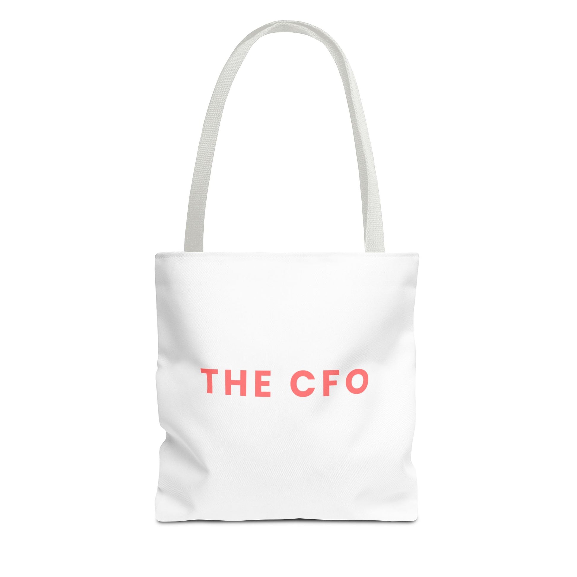 White tote bag with white handles and 'THE CFO' text on a white background