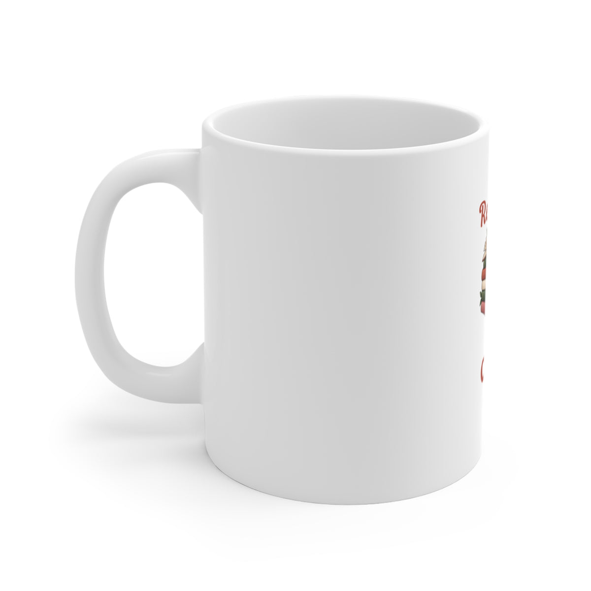 Left side of a white ceramic mug that reads 'Reading IS MY Cardio' against on a white background