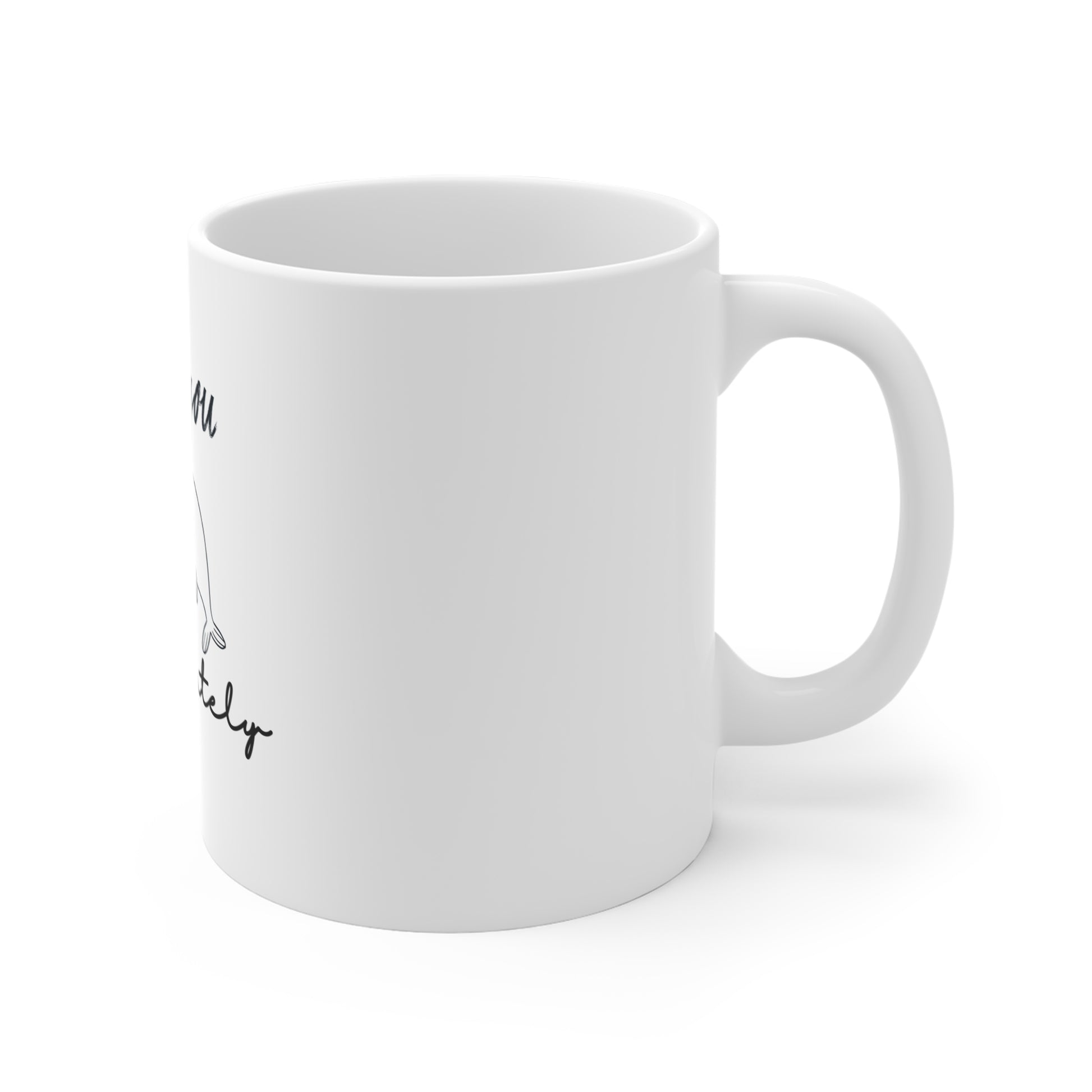 Right side of a white mug with 'I love you dolphinately' text and dolphin illustrations on a white background