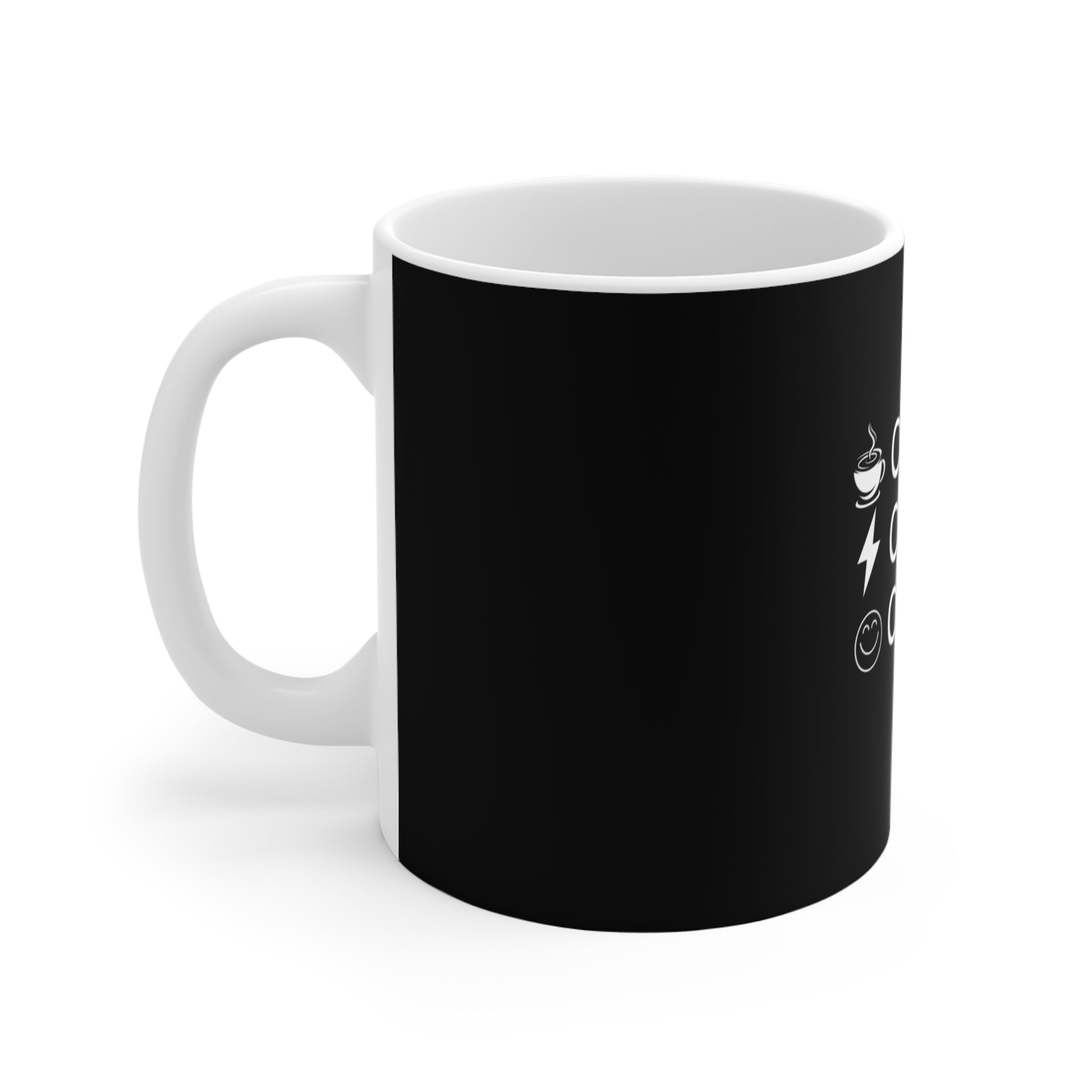 Left side view of black mug with white text 'Caffeine, Chaos & Coping' and graphics on a white background