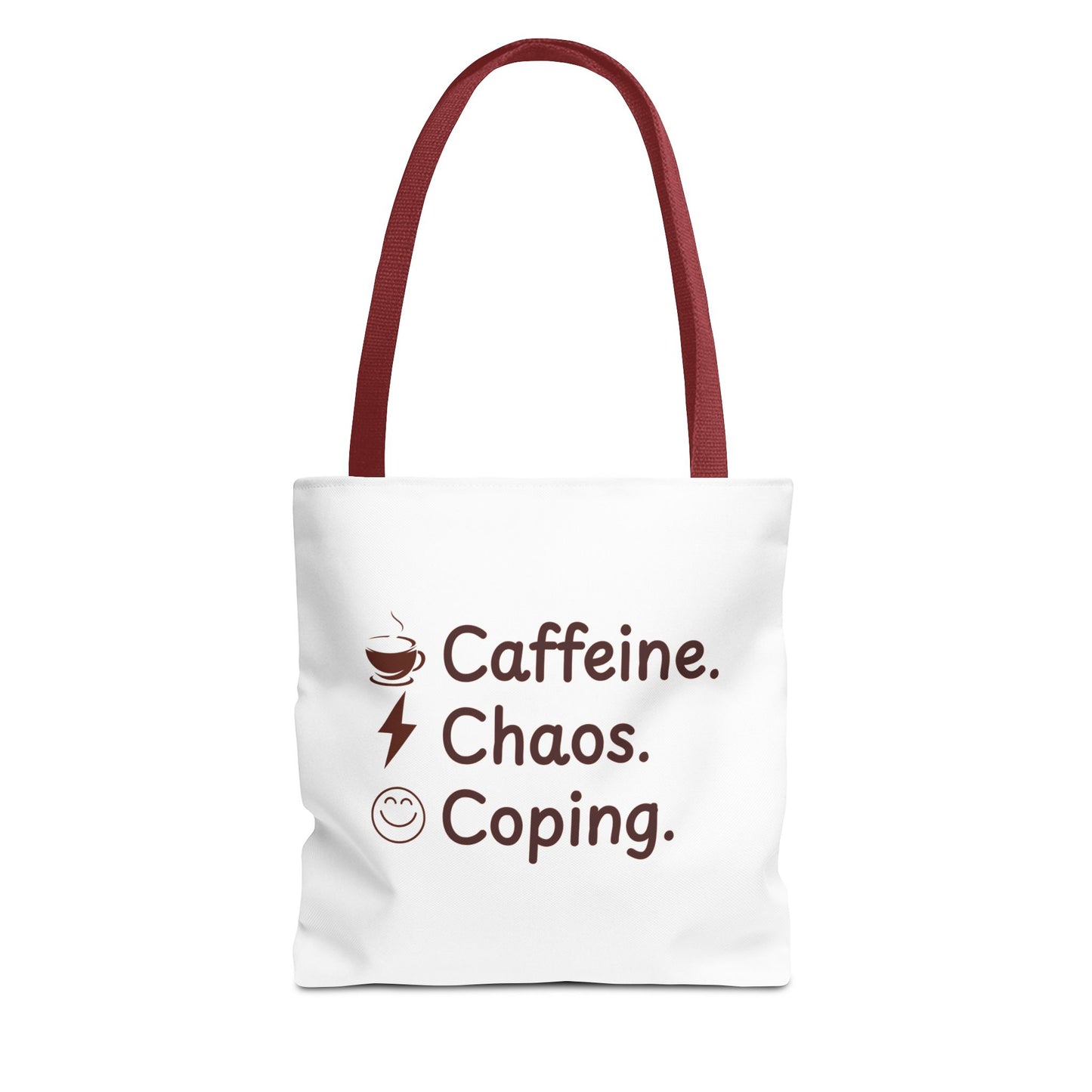 White tote bag with red handle and text 'Caffeine. Chaos. Coping.' on a white background