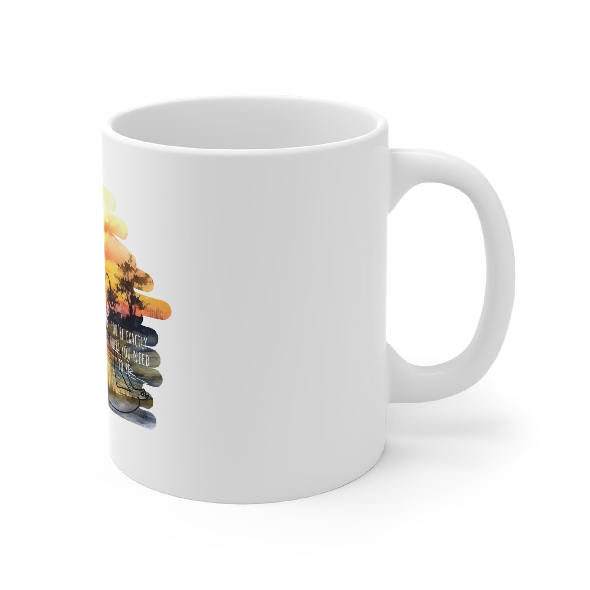 Breathe deeply yoga mug with 1 white sample cup - side view