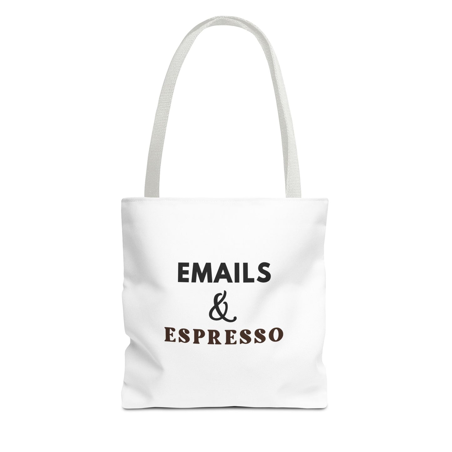 White tote bag with white handles and text 'EMAILS & ESPRESSO' on a white background