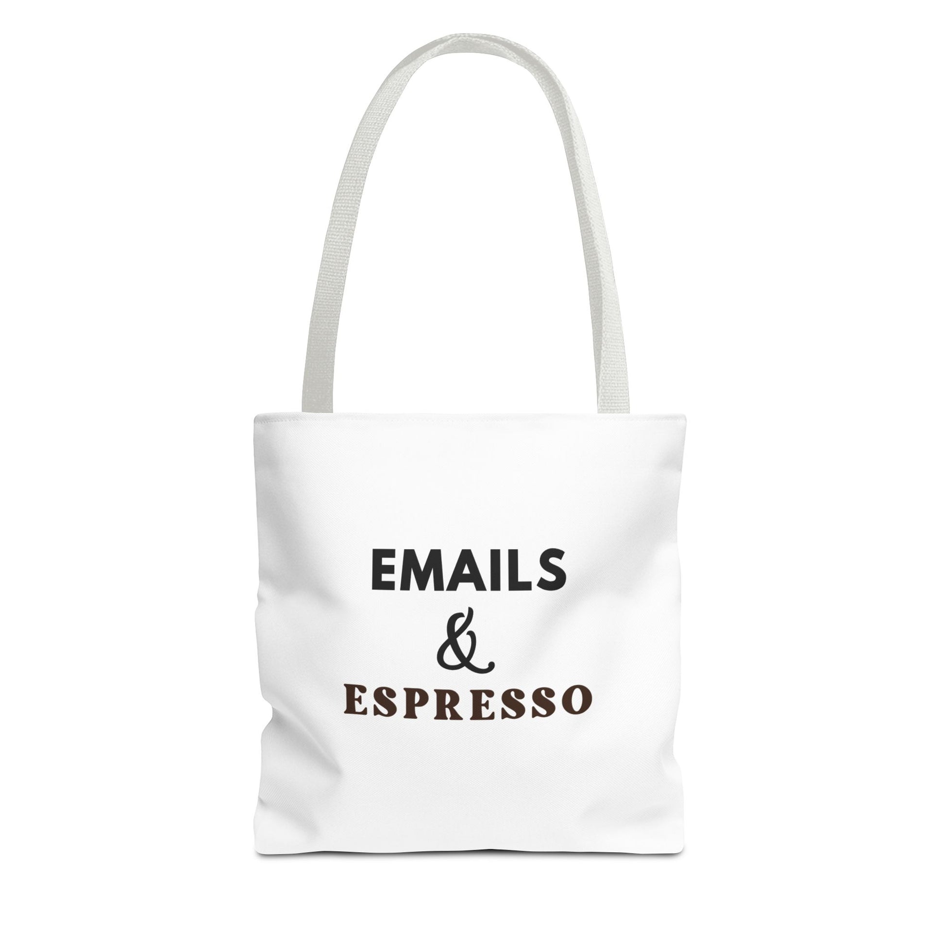 White tote bag with white handles and text 'EMAILS & ESPRESSO' on a white background