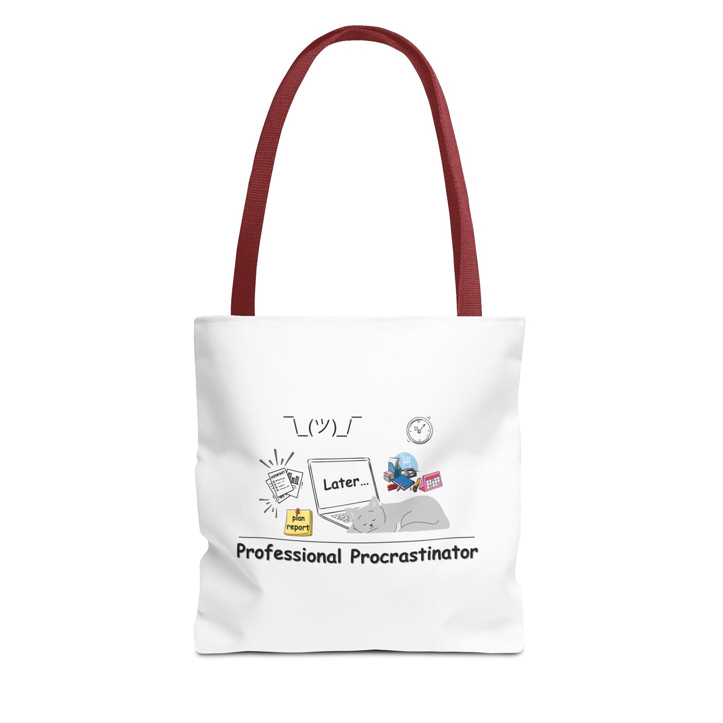 Professional procrastination tote bag design with red handle