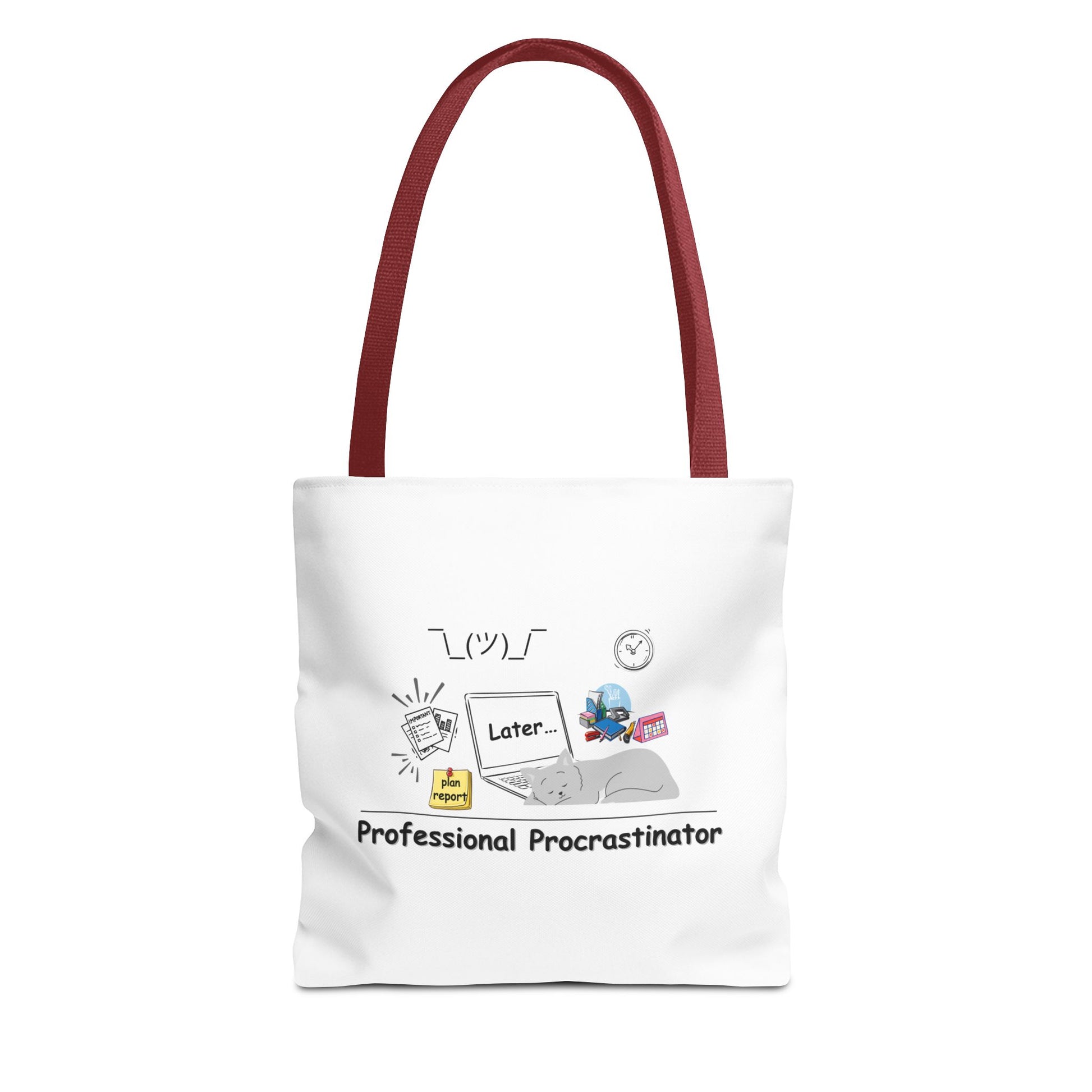 Professional procrastination tote bag design with red handle