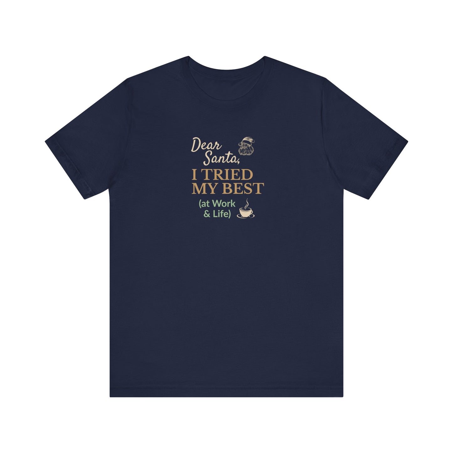 Navy blue t-shirt with humorous text design on a white background