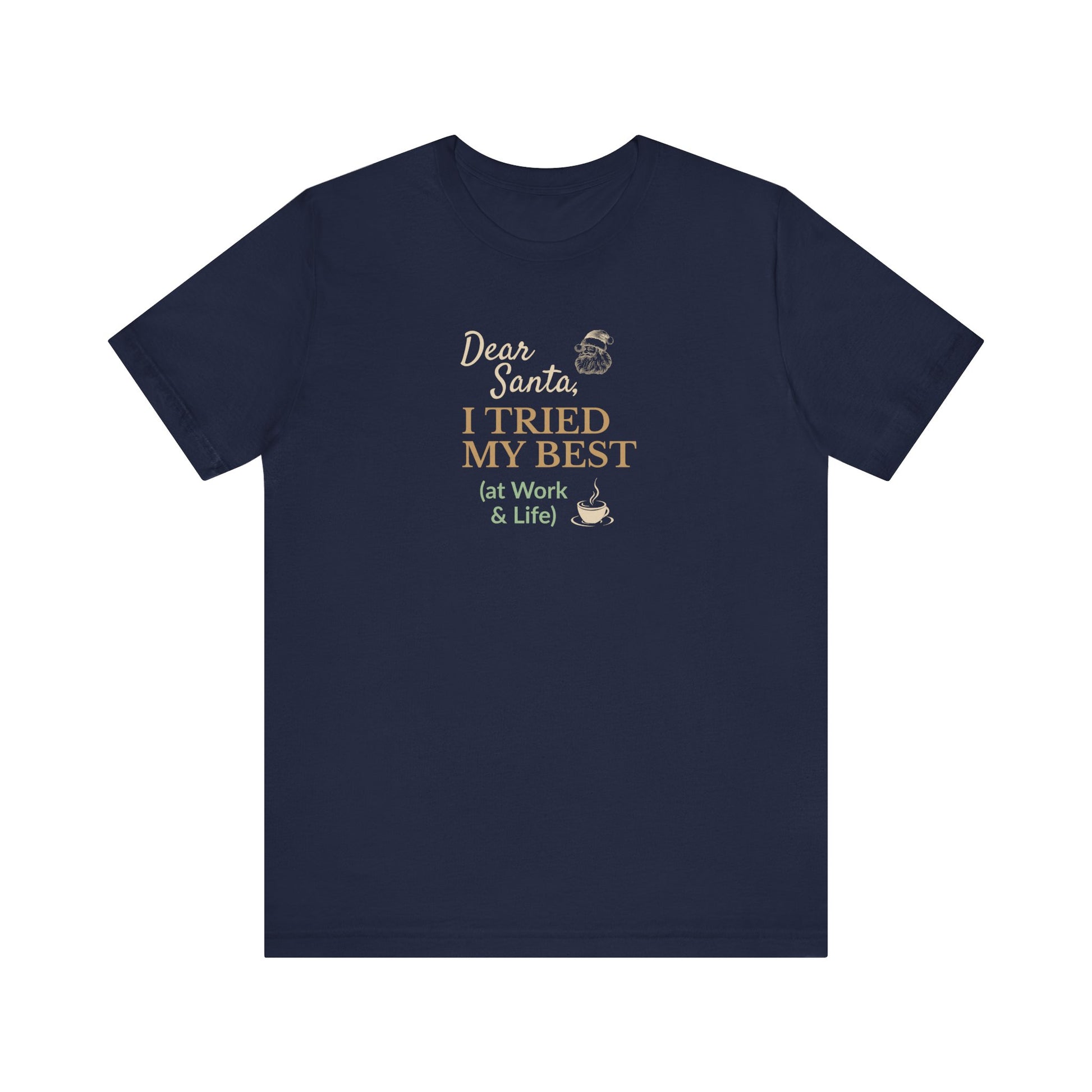 Navy blue t-shirt with humorous text design on a white background